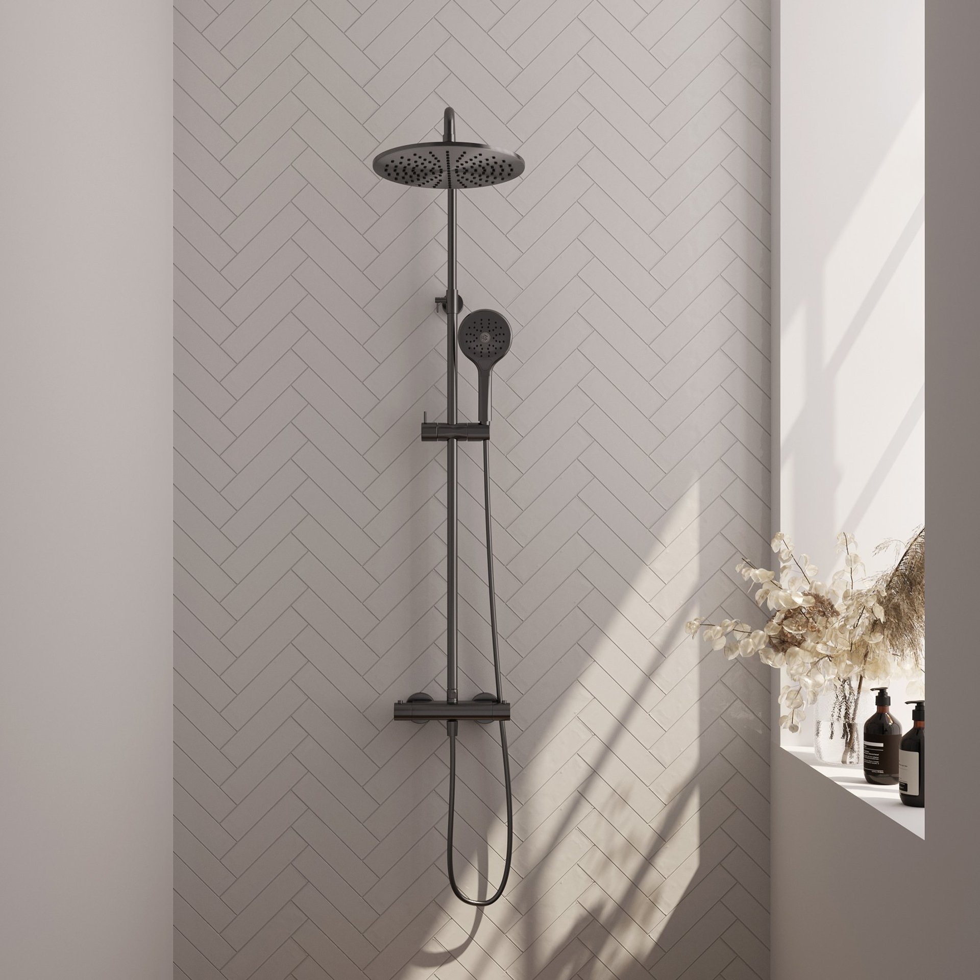 BRAUER Gunmetal Edition opbouw thermostatische regendouche SET 04 met 30 cm hoofddouche en 3-standen handdouche en doucheslang gunmetal geborsteld PVD