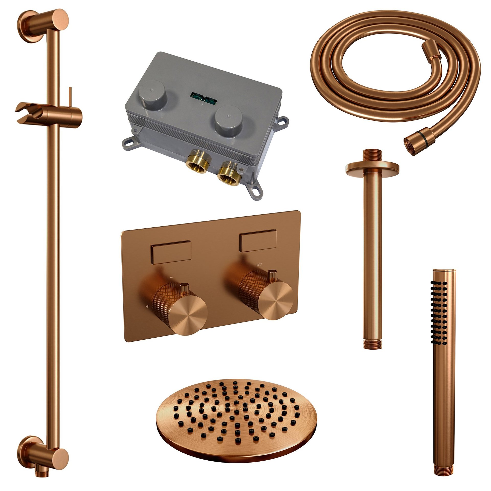 BRAUER Copper Carving thermostatische inbouw regendouche met drukknoppen SET 65 met 20 cm douchekop en plafondarm en staaf handdouche en doucheslang en geïntegreerde glijstang koper geborsteld PVD