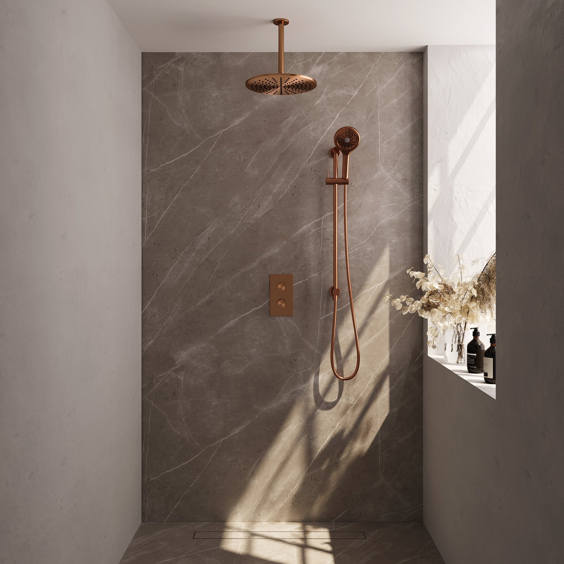 BRAUER Copper Carving thermostatische inbouw regendouche 3-weg rechthoekig SET 48 met 30 cm douchekop en plafondarm en 3-standen handdouche en doucheslang en geïntegreerde glijstang koper geborsteld PVD
