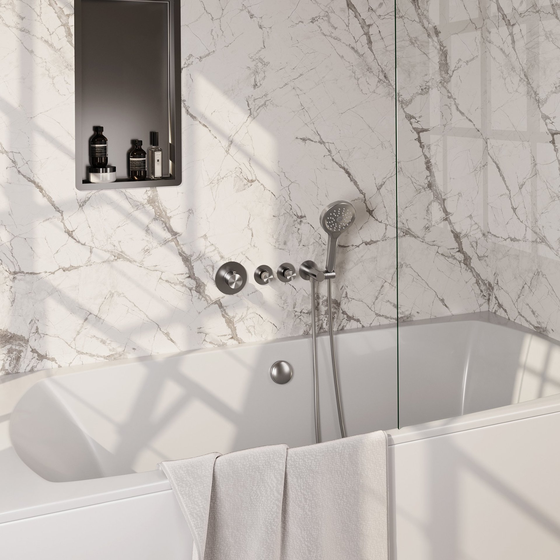 BRAUER Brushed Carving thermostatische inbouw badkraan SET 02 met badvulcombinatie en 3-standen handdouche en doucheslang en wandaansluitbocht RVS geborsteld PVD