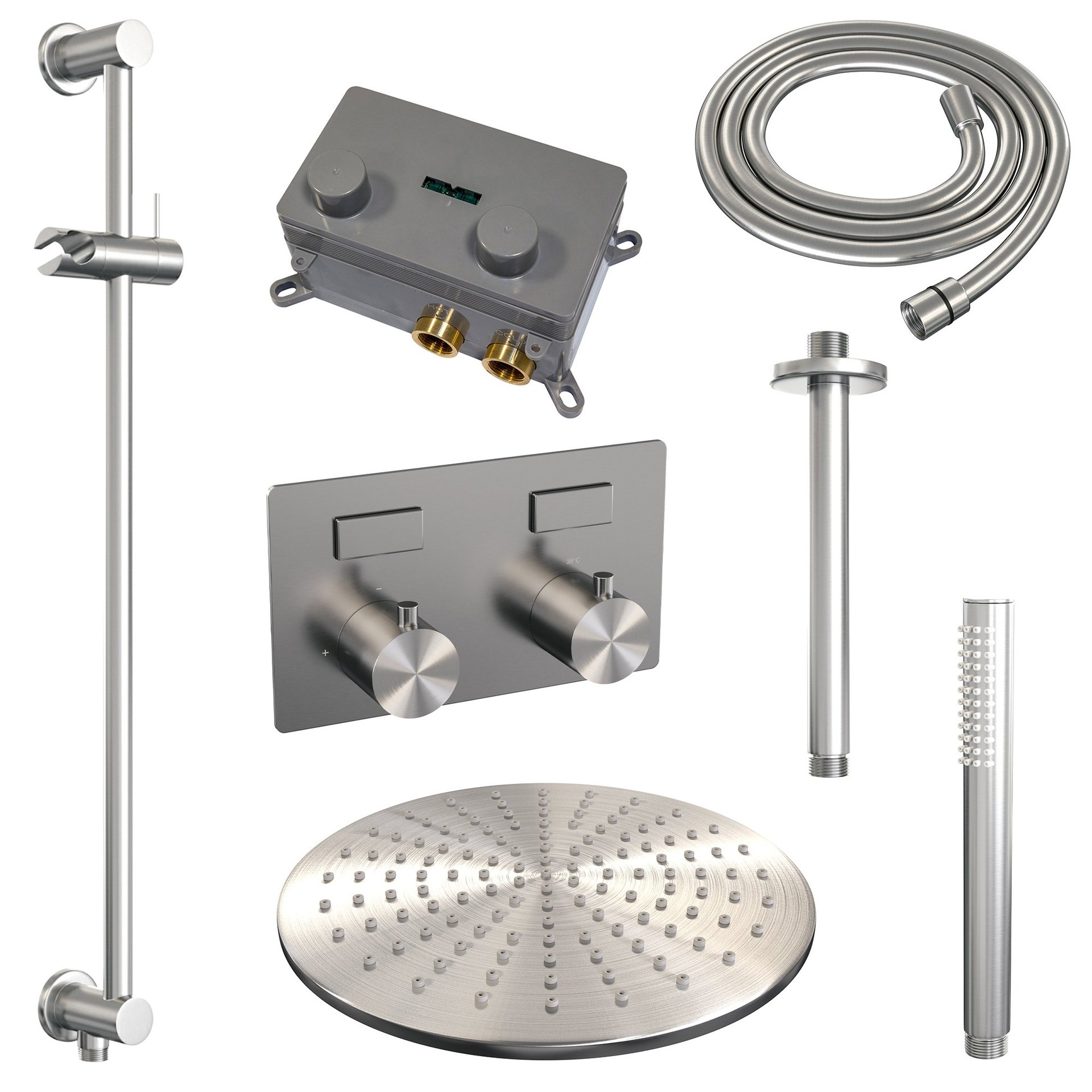 BRAUER Brushed Edition thermostatische inbouw regendouche met drukknoppen SET 66 met 30 cm douchekop en plafondarm en staaf handdouche en doucheslang en geïntegreerde glijstang RVS geborsteld PVD