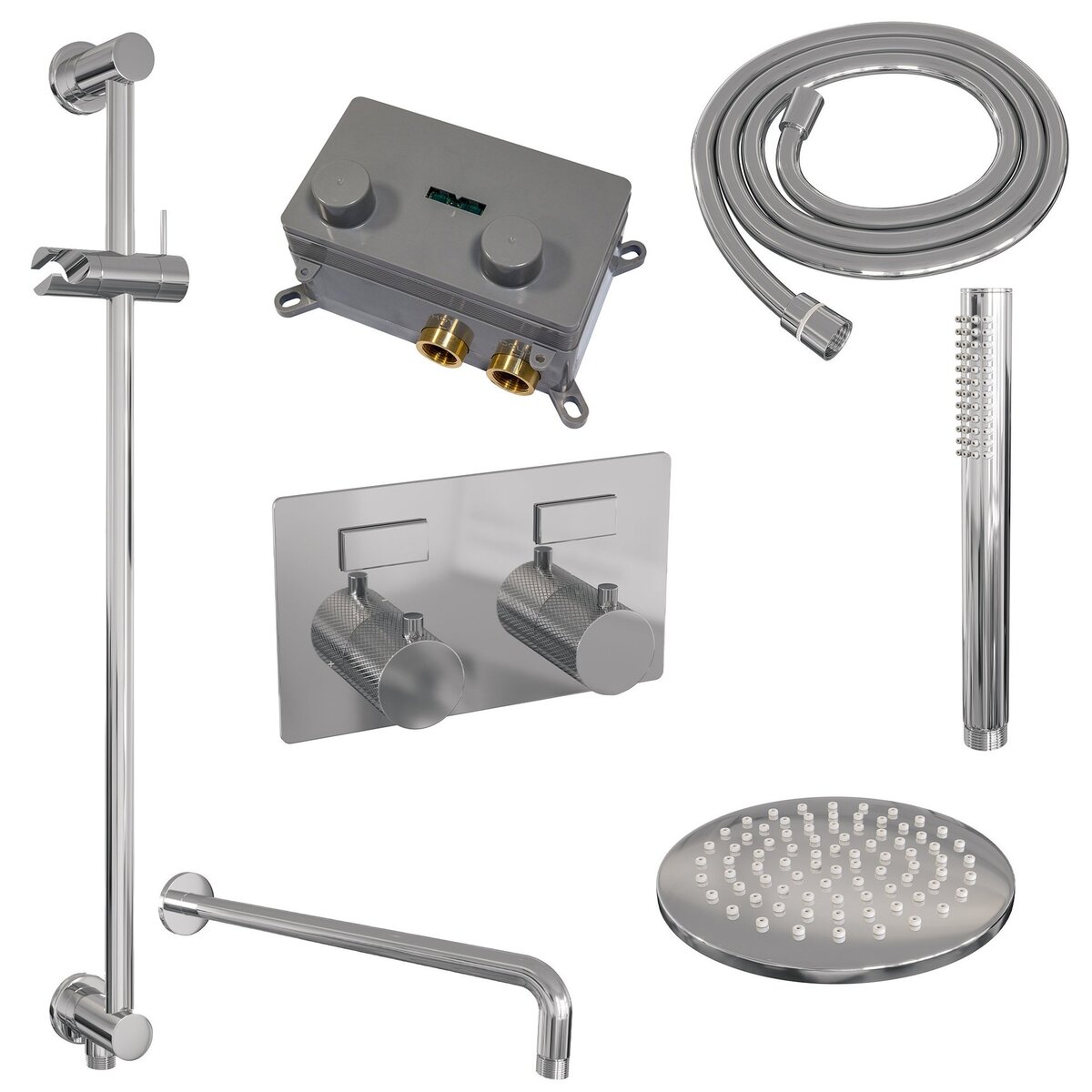 BRAUER Chrome Carving thermostatische inbouw regendouche met drukknoppen SET 63 met 20 cm douchekop en gebogen muurarm en staaf handdouche en doucheslang en geïntegreerde glijstang chroom
