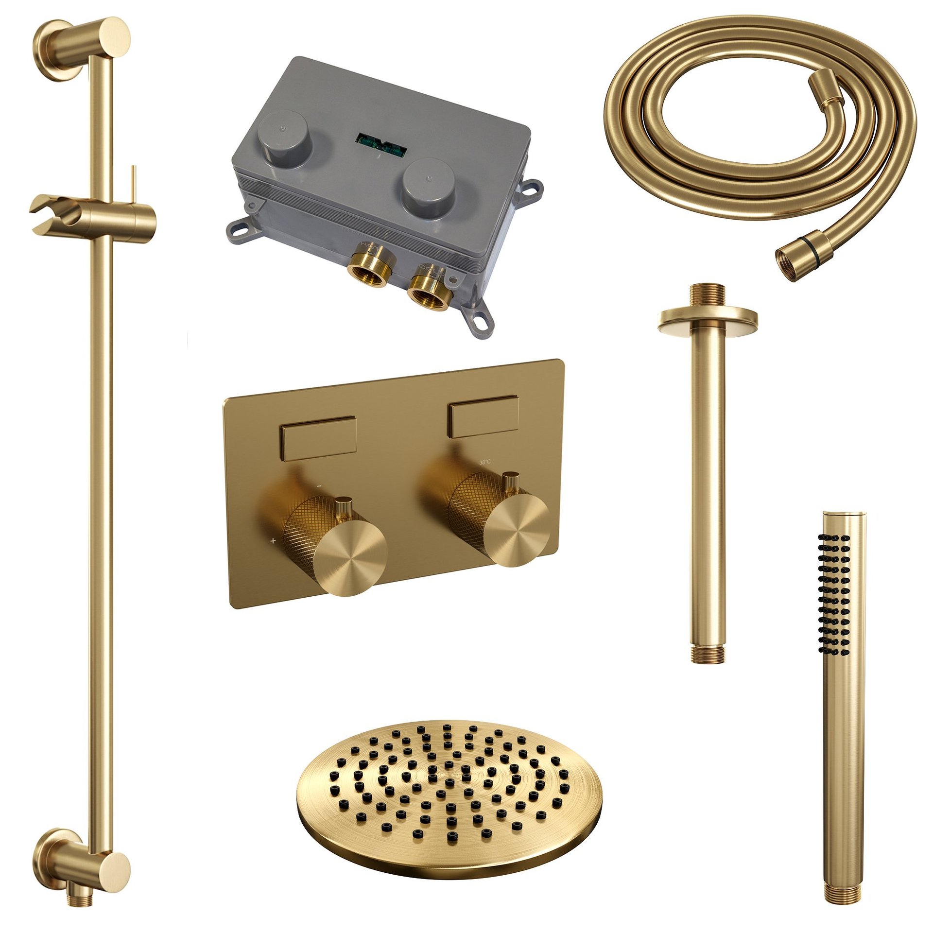 BRAUER Gold Carving thermostatische inbouw regendouche met drukknoppen SET 65 met 20 cm douchekop en plafondarm en staaf handdouche en doucheslang en geïntegreerde glijstang goud geborsteld PVD