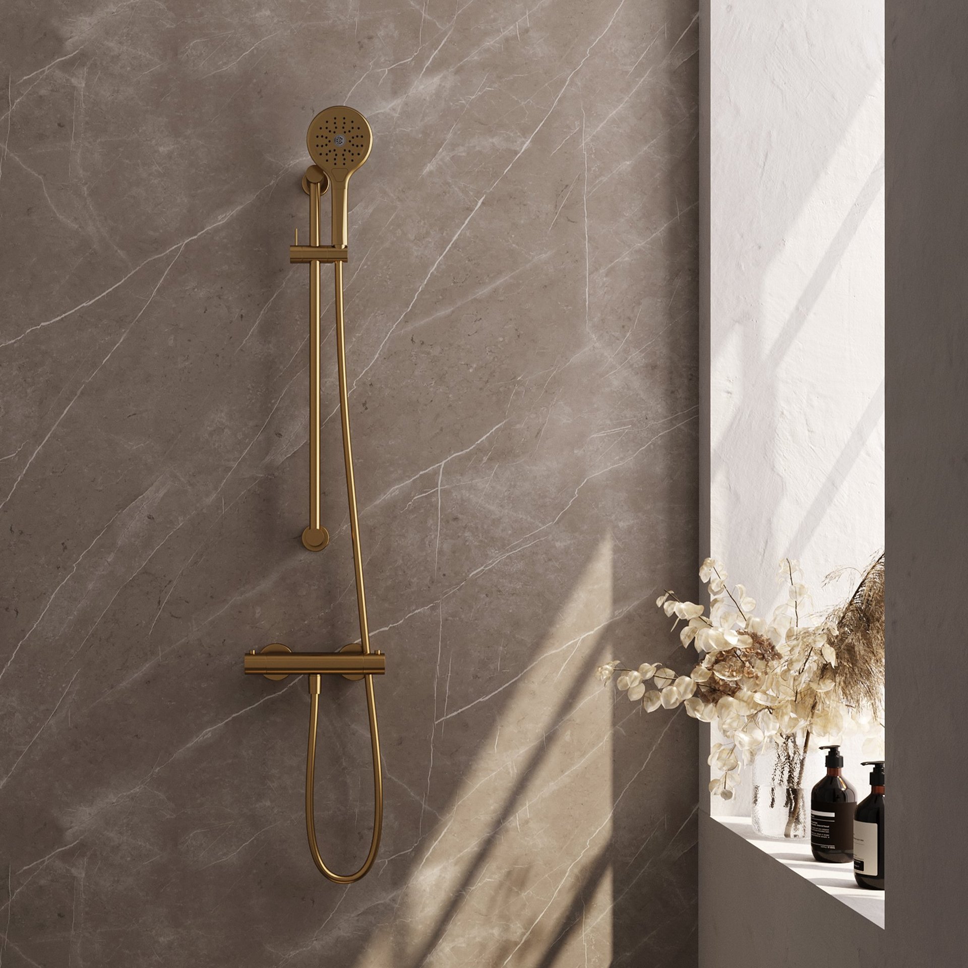 BRAUER Gold Edition opbouw douche thermostaatkraan SET 02 met glijstang en 3-standen handdouche en doucheslang goud geborsteld PVD