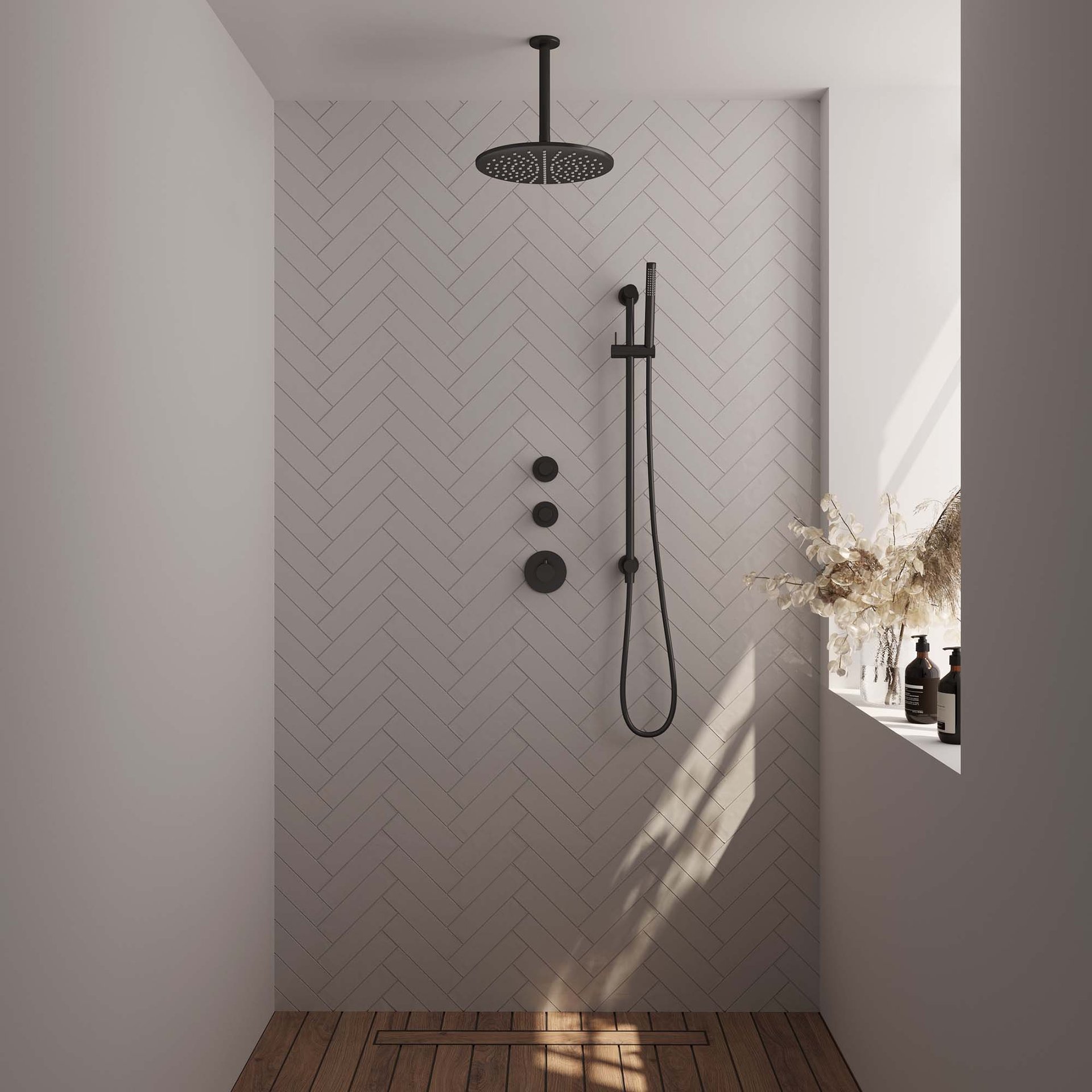 BRAUER Black Edition thermostatische inbouw regendouche SET 18 met 30 cm douchekop en plafondarm en staaf handdouche en doucheslang en geïntegreerde glijstang mat zwart