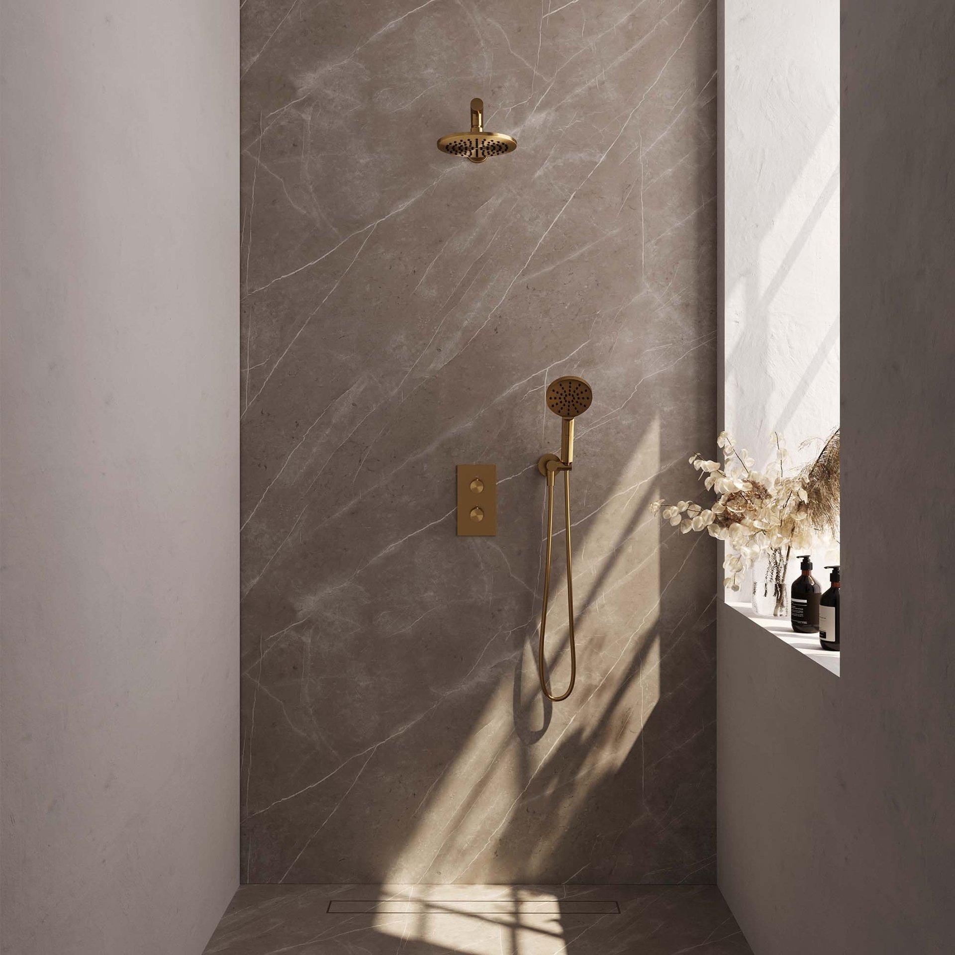 BRAUER Gold Edition thermostatische inbouw regendouche 3-weg rechthoekig SET 31 met 20 cm douchekop en rechte muurarm en 3-standen handdouche en doucheslang en wandaansluitbocht goud geborsteld PVD