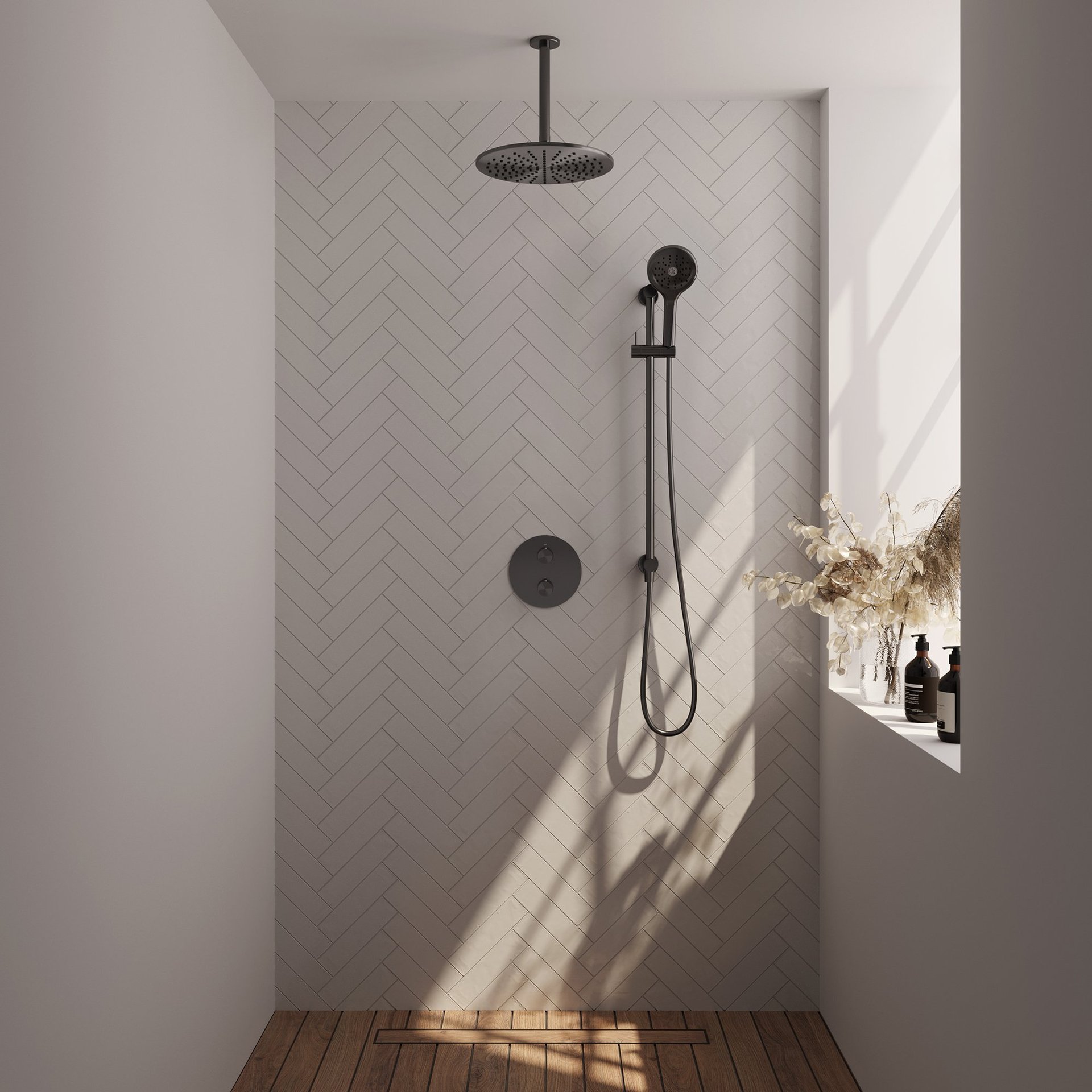 BRAUER Gunmetal Carving thermostatische inbouw regendouche 3-weg rond SET 96 met 30 cm douchekop en plafondarm en 3-standen handdouche en doucheslang en geïntegreerde glijstang gunmetal geborsteld PVD
