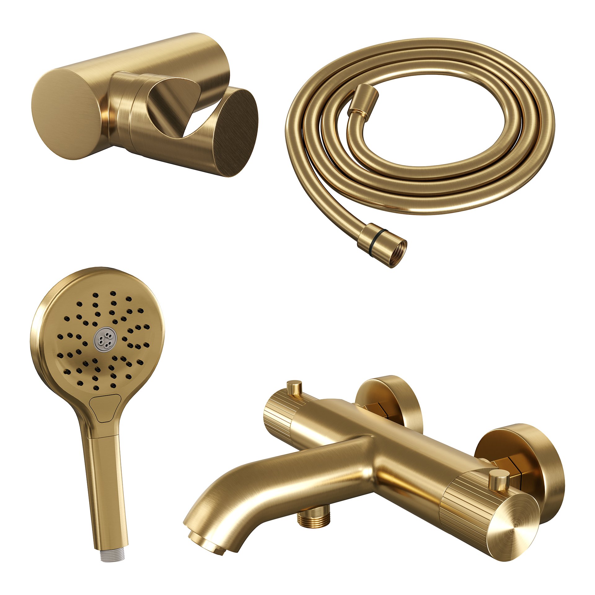 BRAUER Stripe opbouw baddouche thermostaatkraan SET 04 met wandhouder en 3-standen handdouche en doucheslang goud geborsteld PVD