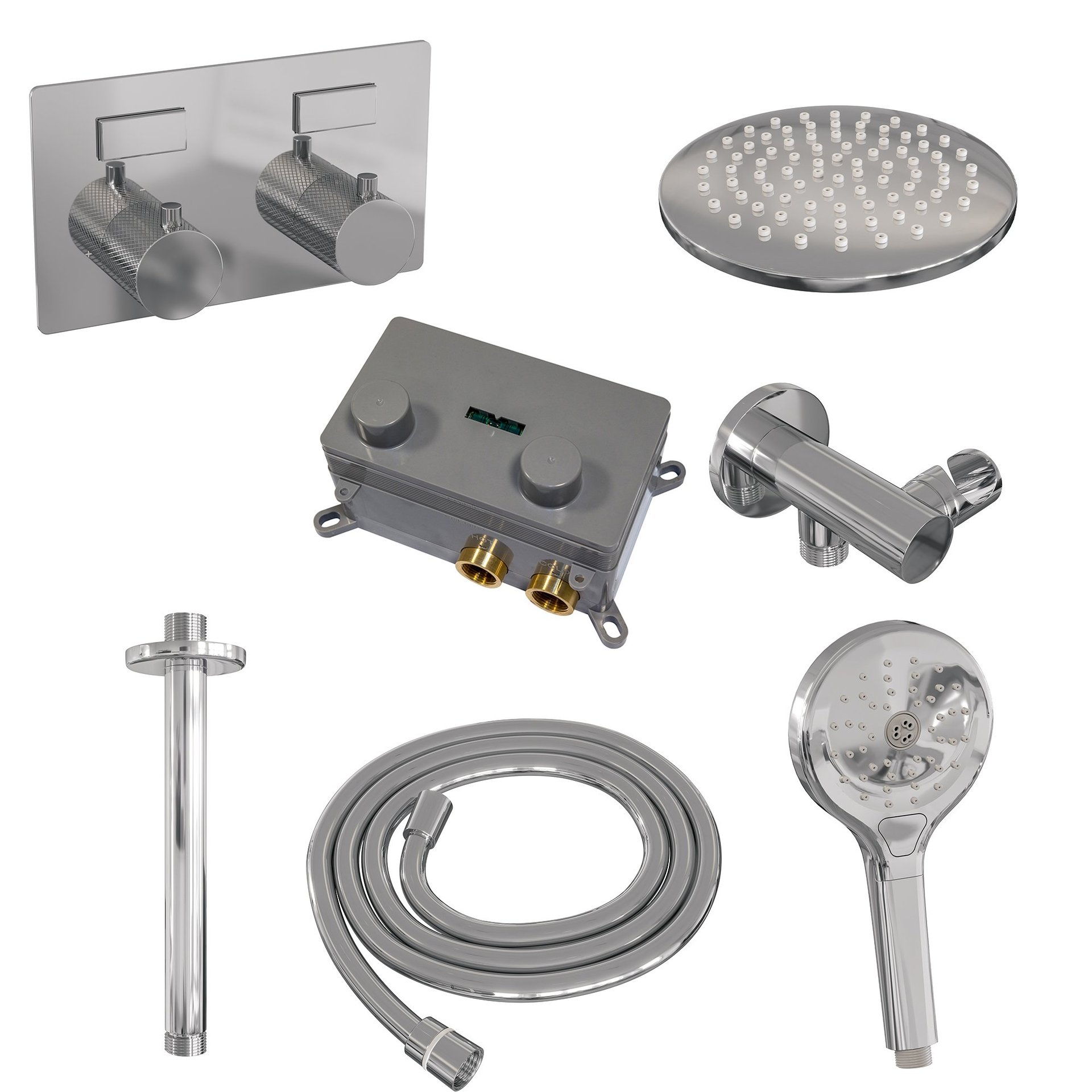 BRAUER Chrome Carving thermostatische inbouw regendouche met drukknoppen SET 59 met 20 cm douchekop en plafondarm en 3-standen handdouche en doucheslang en wandaansluitbocht chroom
