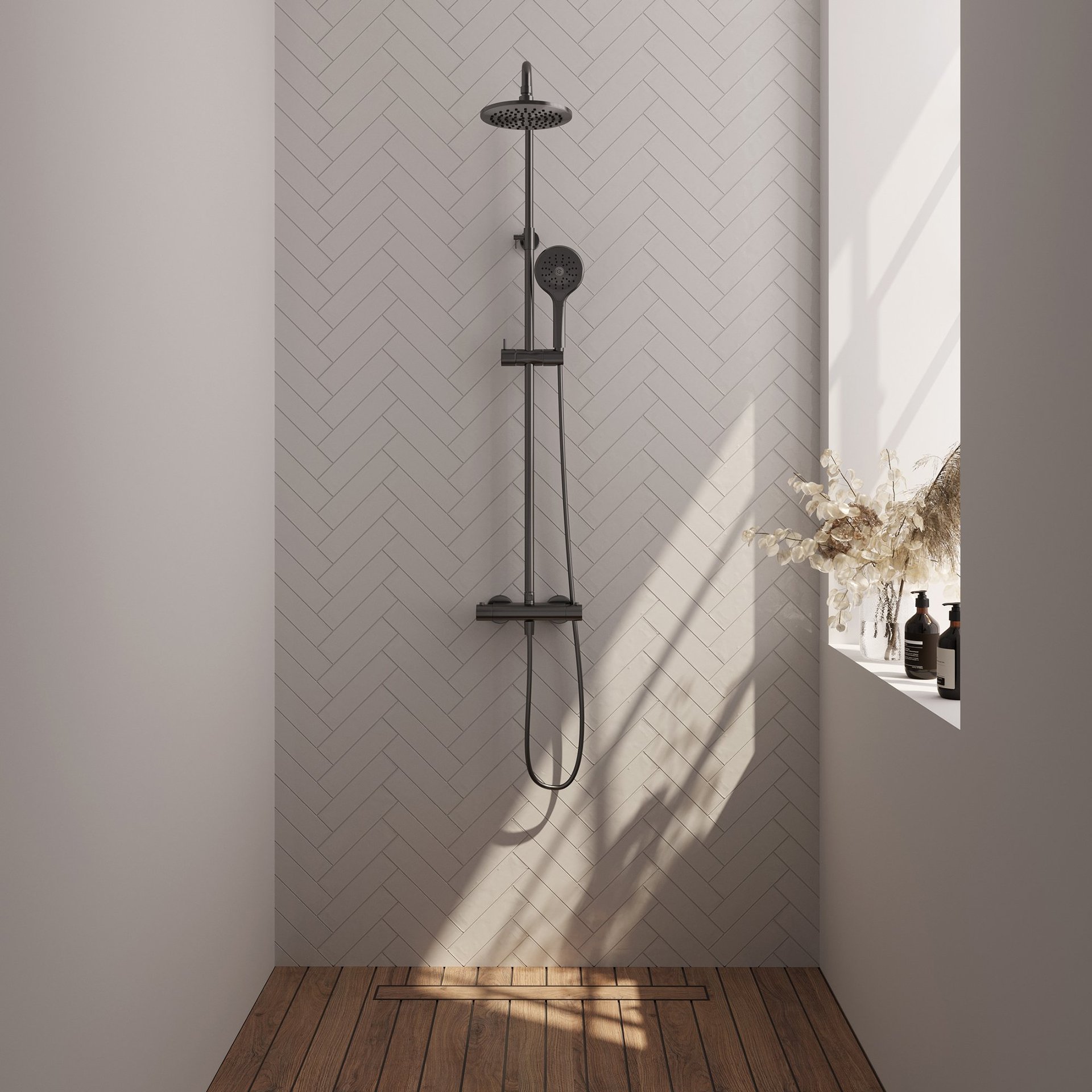 BRAUER Gunmetal Edition opbouw thermostatische regendouche SET 02 met 20 cm hoofddouche en 3-standen handdouche en doucheslang gunmetal geborsteld PVD