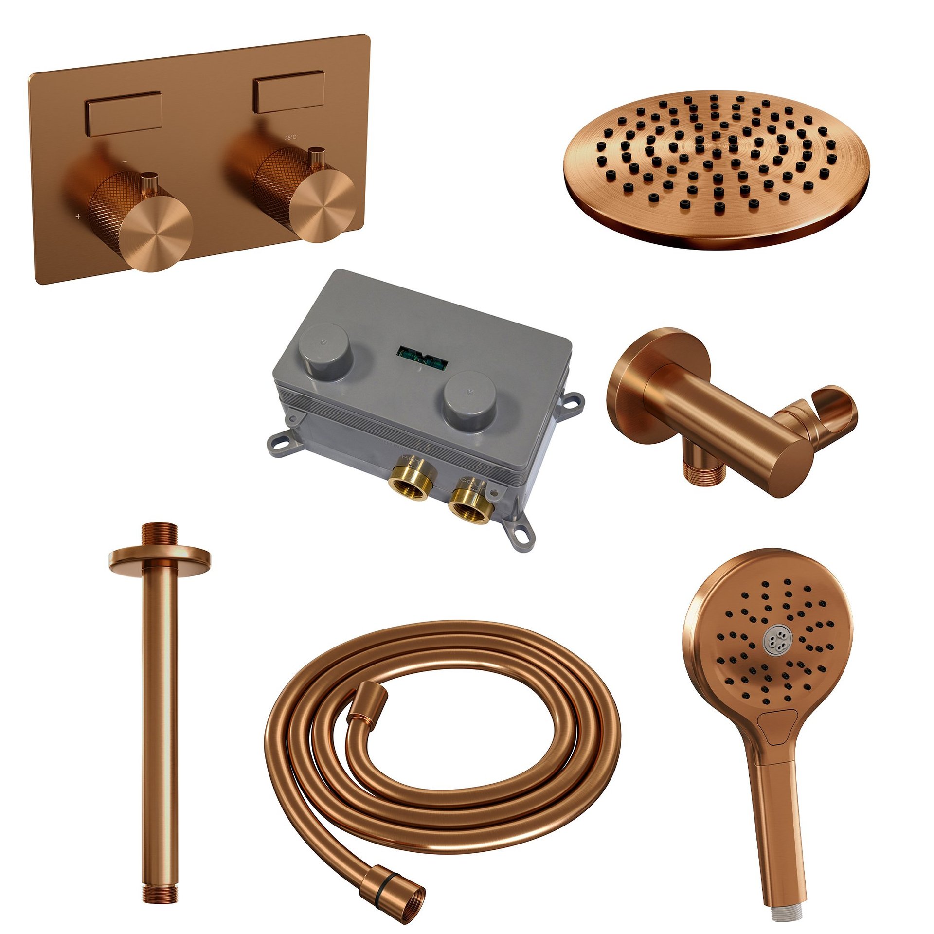 BRAUER Copper Carving thermostatische inbouw regendouche met drukknoppen SET 59 met 20 cm douchekop en plafondarm en 3-standen handdouche en doucheslang en wandaansluitbocht koper geborsteld PVD