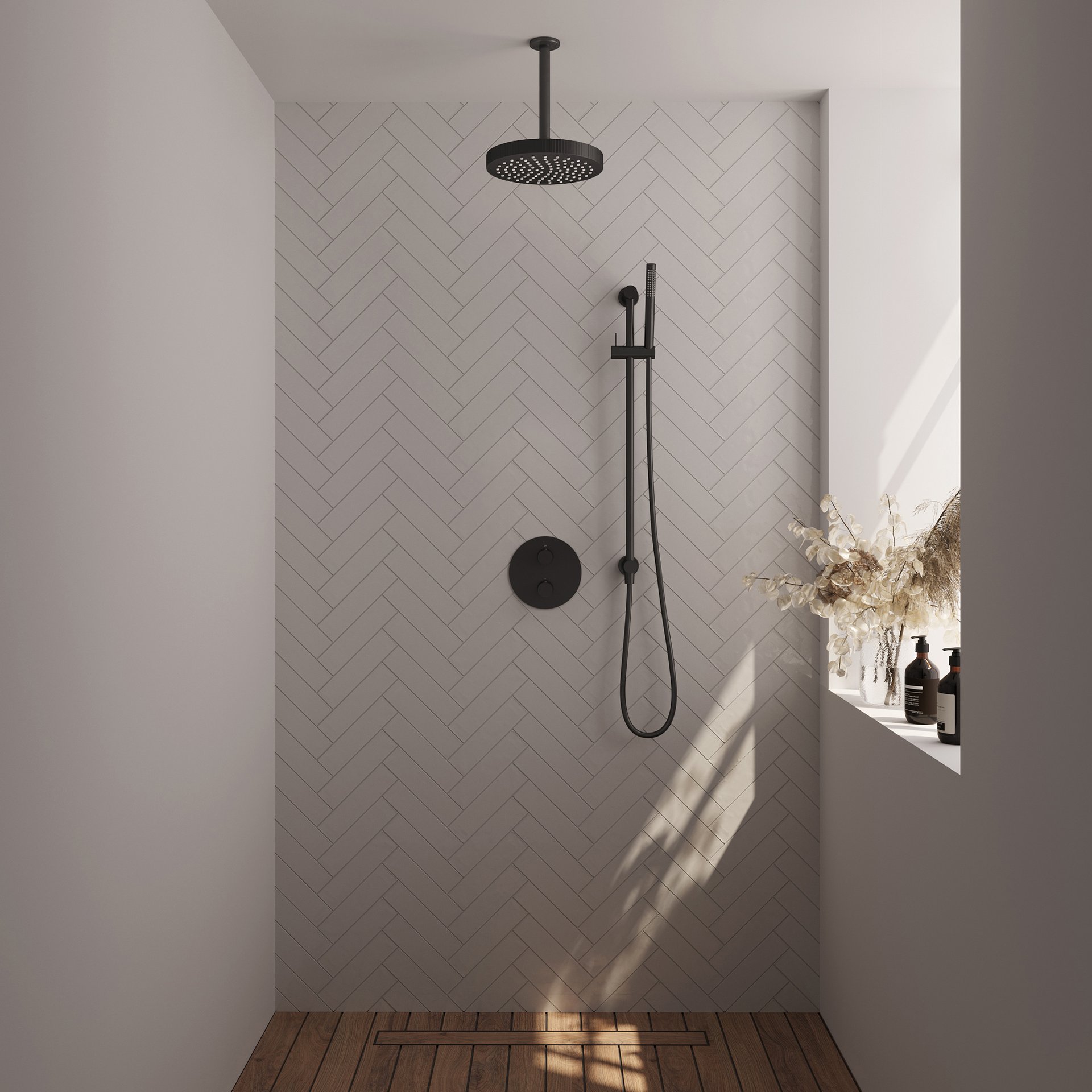 BRAUER Stripe thermostatische inbouw regendouche 3-weg rond SET 45 met 25 cm douchekop en plafondarm en staaf handdouche en doucheslang en geïntegreerde glijstang mat zwart