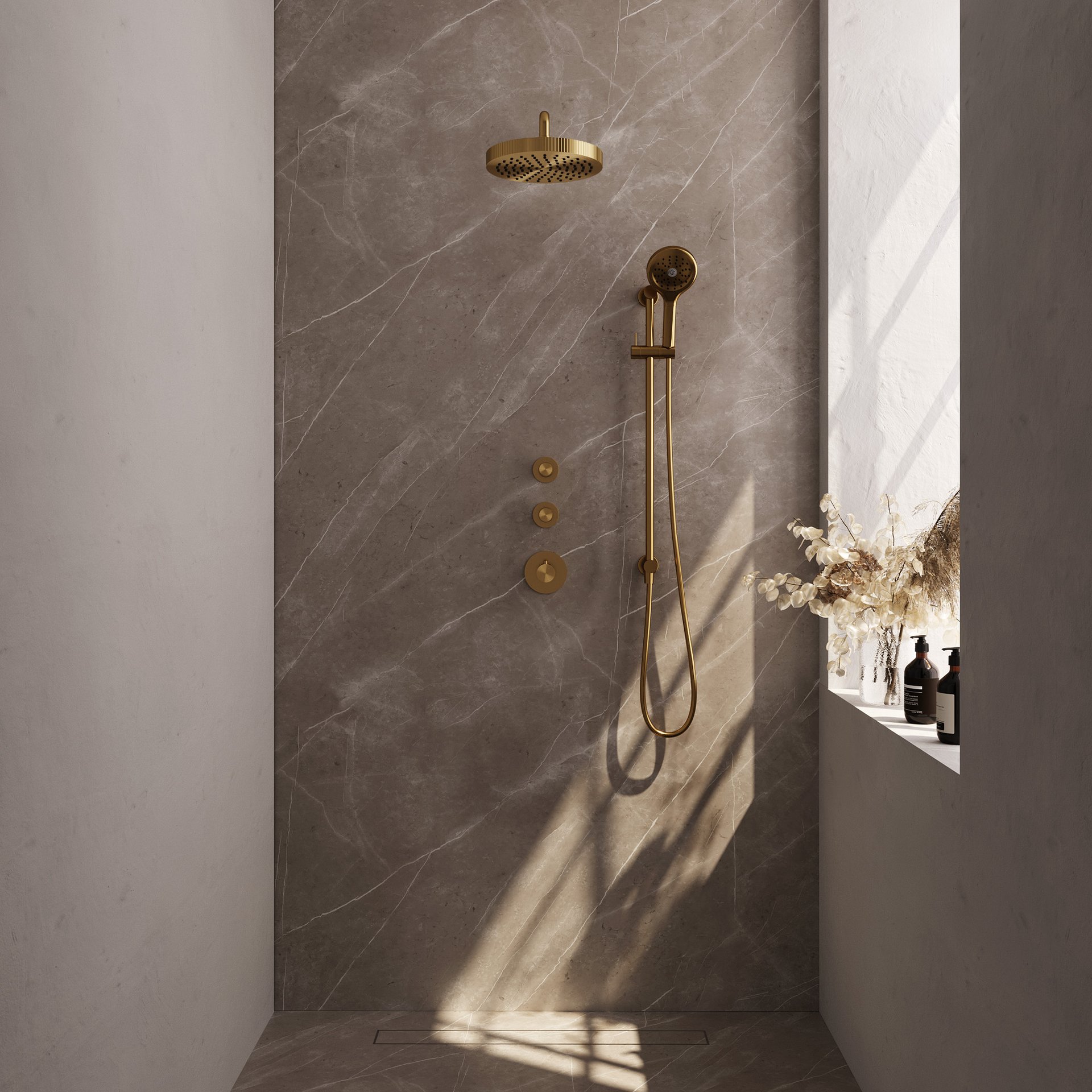 BRAUER Stripe thermostatische inbouw regendouche SET 11 met 25 cm douchekop en gebogen muurarm en 3-standen handdouche en doucheslang en geïntegreerde glijstang goud geborsteld PVD