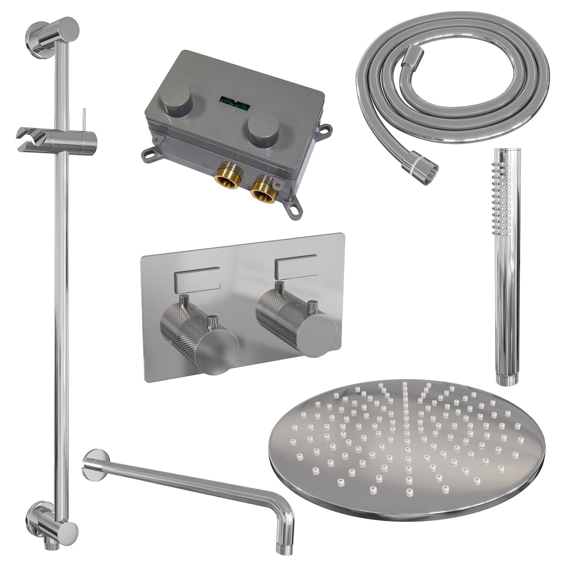 BRAUER Chrome Carving thermostatische inbouw regendouche met drukknoppen SET 64 met 30 cm douchekop en gebogen muurarm en staaf handdouche en doucheslang en geïntegreerde glijstang chroom
