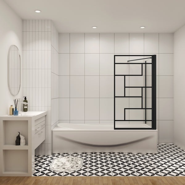 Badwand Acacia 1-Delig 80x140 Met Zijwand 75cm 6Mm Helder Glas Zwarte Kaders Antikalk Mat Zwart