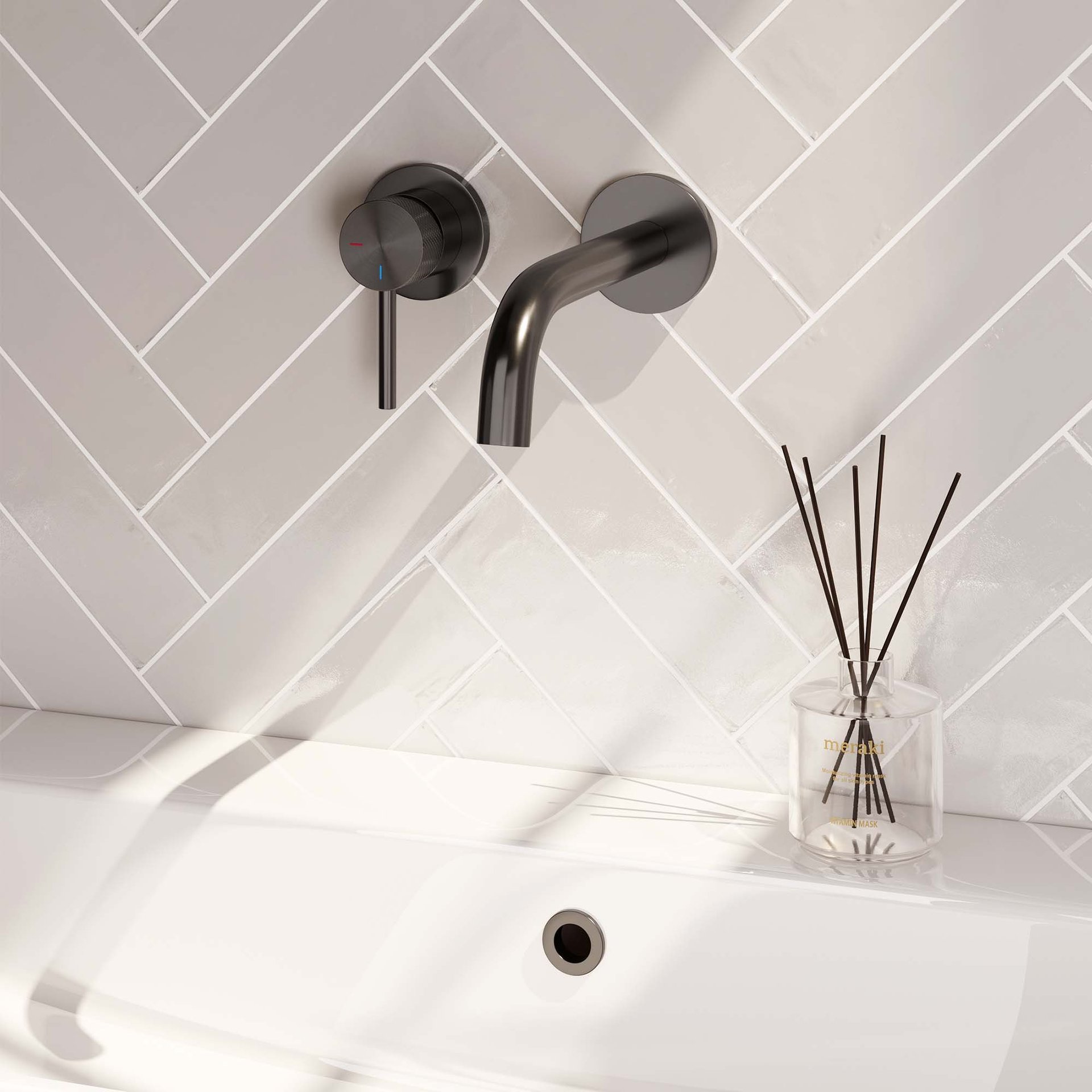 BRAUER Gunmetal Carving inbouw wastafelmengkraan met gebogen uitloop en rozetten model A2 gunmetal geborsteld PVD