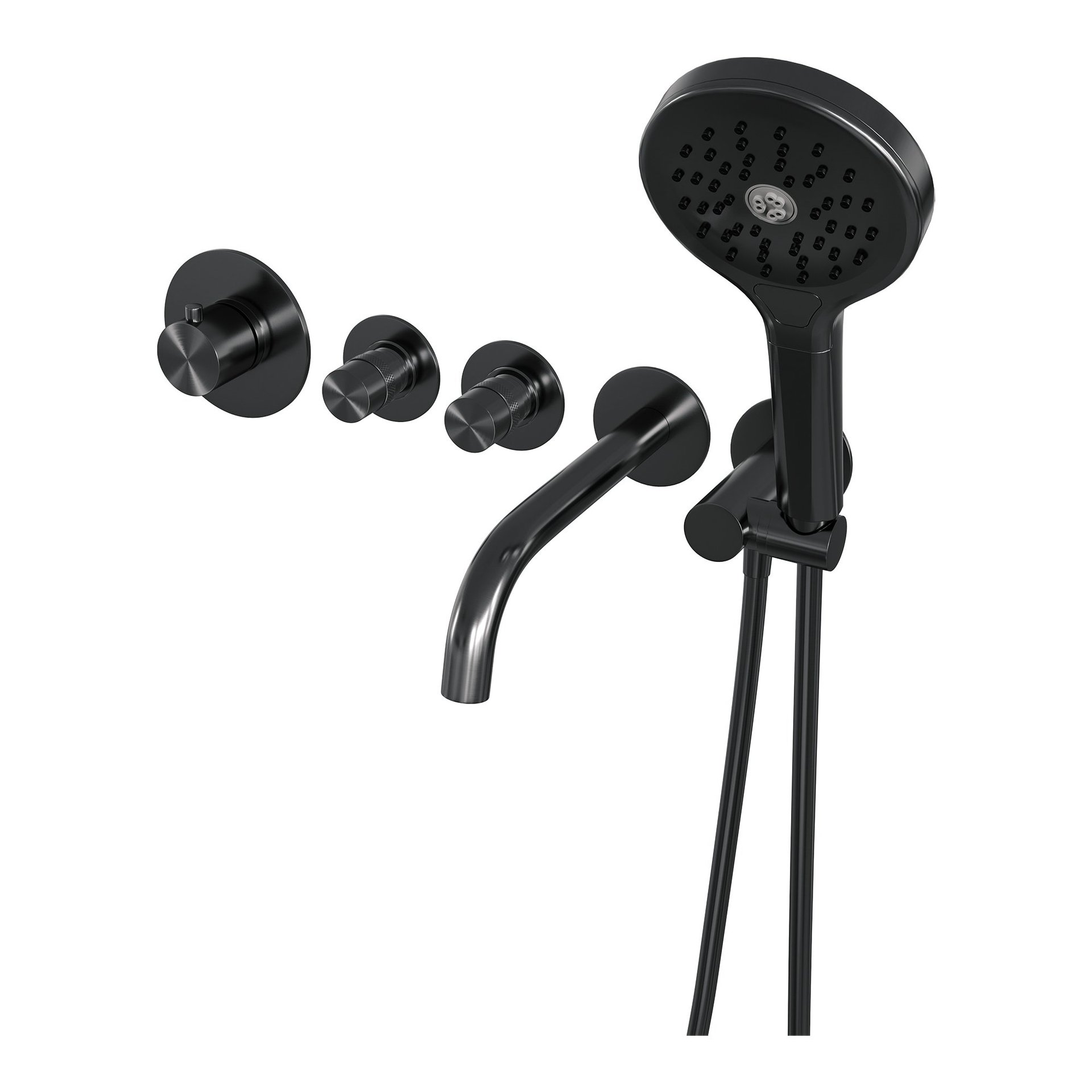 BRAUER Gunmetal Edition thermostatische inbouw badkraan SET 02 met uitloop en 3-standen handdouche en doucheslang en wandaansluitbocht gunmetal geborsteld PVD
