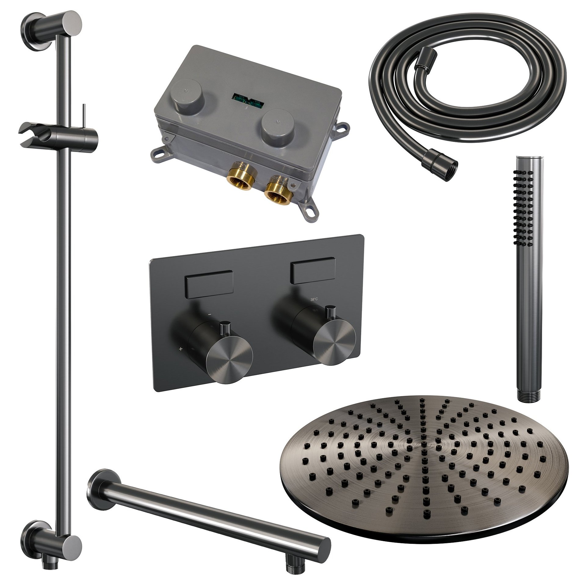 BRAUER Gunmetal Edition thermostatische inbouw regendouche met drukknoppen SET 62 met 30 cm douchekop en rechte muurarm en staaf handdouche en doucheslang en geïntegreerde glijstang gunmetal geborsteld PVD