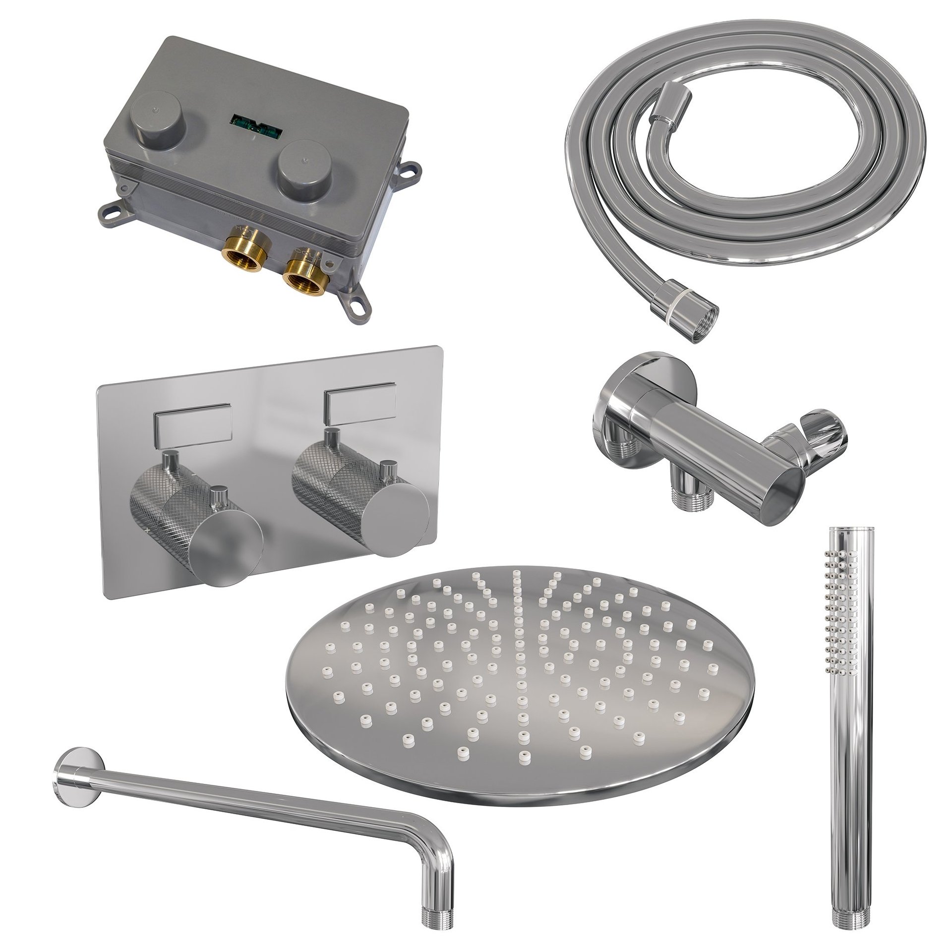 BRAUER Chrome Carving thermostatische inbouw regendouche met drukknoppen SET 52 met 30 cm douchekop en gebogen muurarm en staaf handdouche en doucheslang en wandaansluitbocht chroom