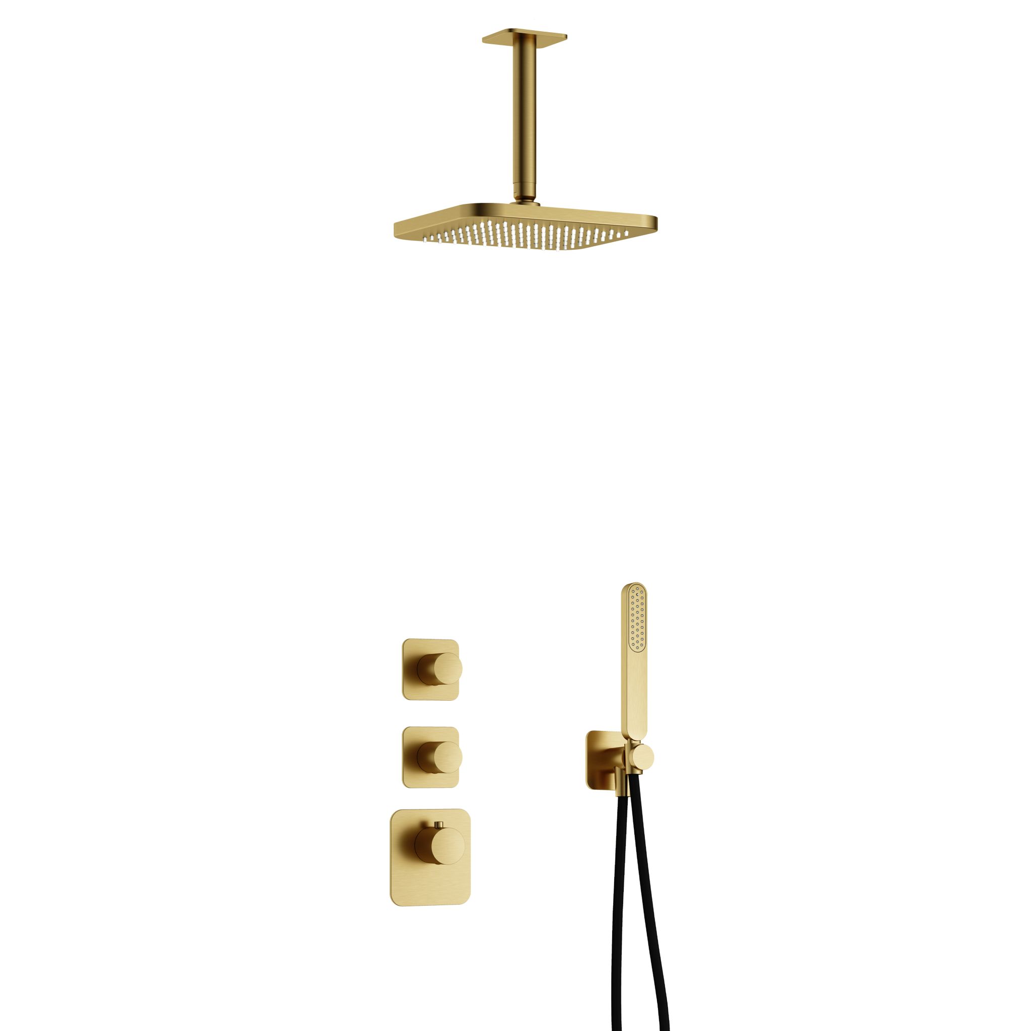 Hotbath Gal Inbouw Regendoucheset High Flow Met 2 Stopkranen, Plafondbuis 15cm, Hoofddouche 22x22cm En Staafhanddouche Geborsteld Messing PVD
