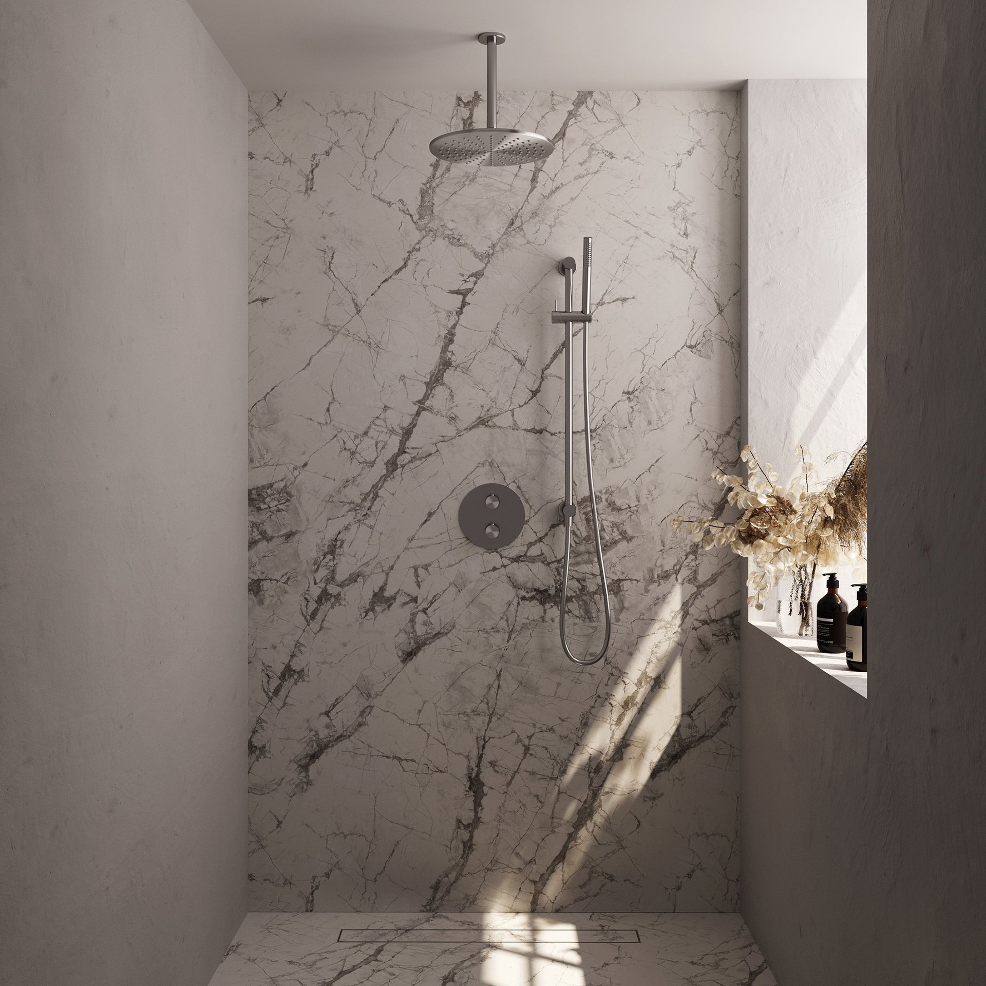 BRAUER Brushed Edition thermostatische inbouw regendouche 3-weg rond SET 90 met 30 cm douchekop en plafondarm en staaf handdouche en doucheslang en geïntegreerde glijstang RVS geborsteld PVD