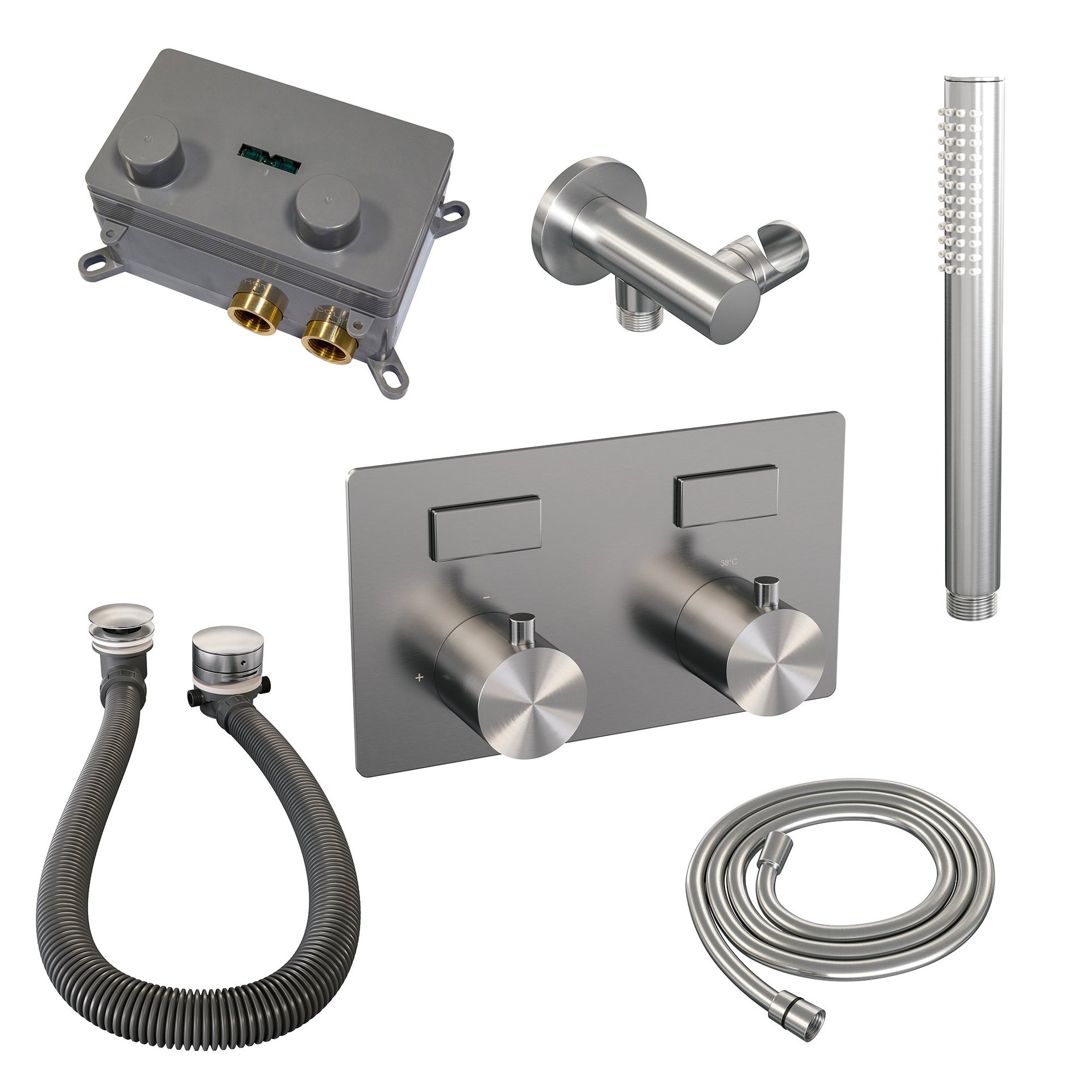 BRAUER Brushed Edition thermostatische inbouw badkraan met drukknoppen SET 03 met badvulcombinatie en staaf handdouche en doucheslang en wandaansluitbocht RVS geborsteld PVD