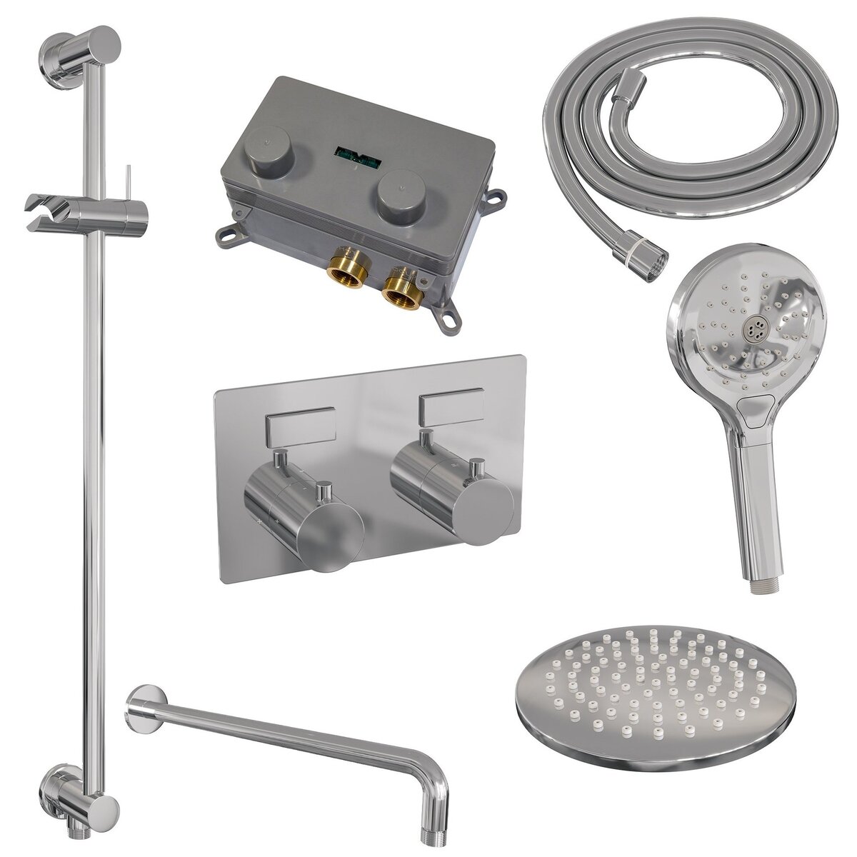 BRAUER Chrome Edition thermostatische inbouw regendouche met drukknoppen SET 69 met 20 cm douchekop en gebogen muurarm en 3-standen handdouche en doucheslang en geïntegreerde glijstang chroom