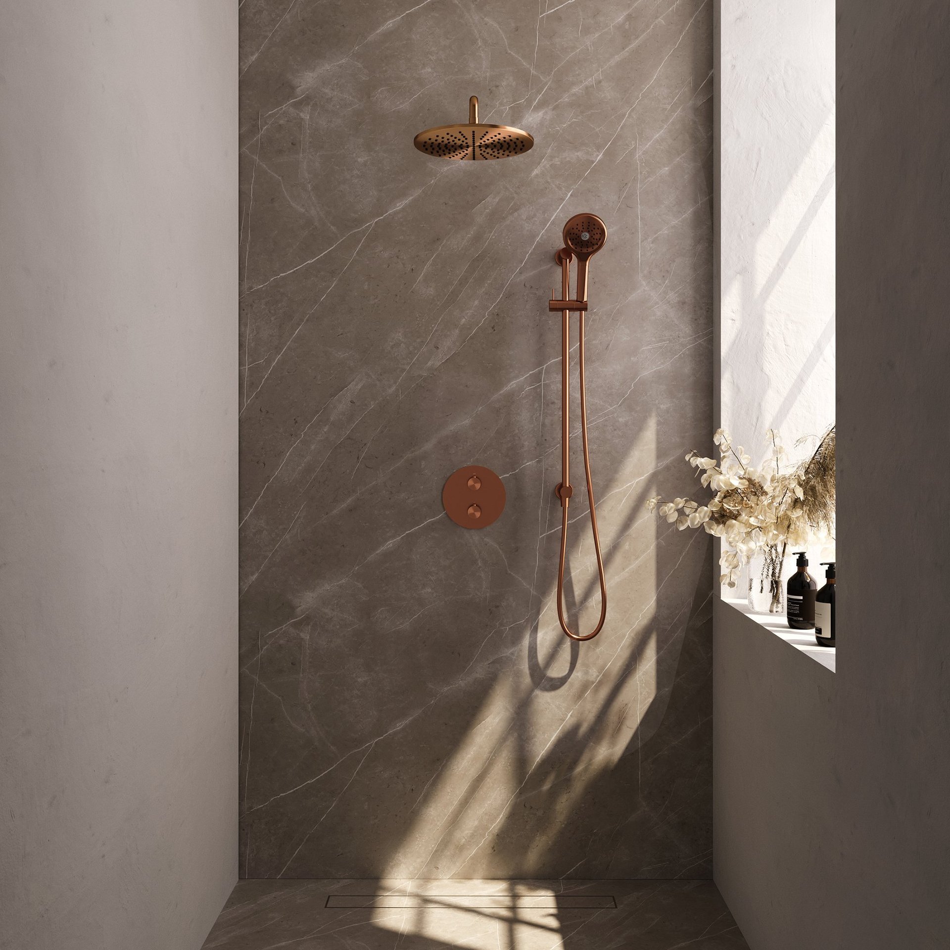 BRAUER Copper Carving thermostatische inbouw regendouche 3-weg rond SET 94 met 30 cm douchekop en gebogen muurarm en 3-standen handdouche en doucheslang en geïntegreerde glijstang koper geborsteld PVD