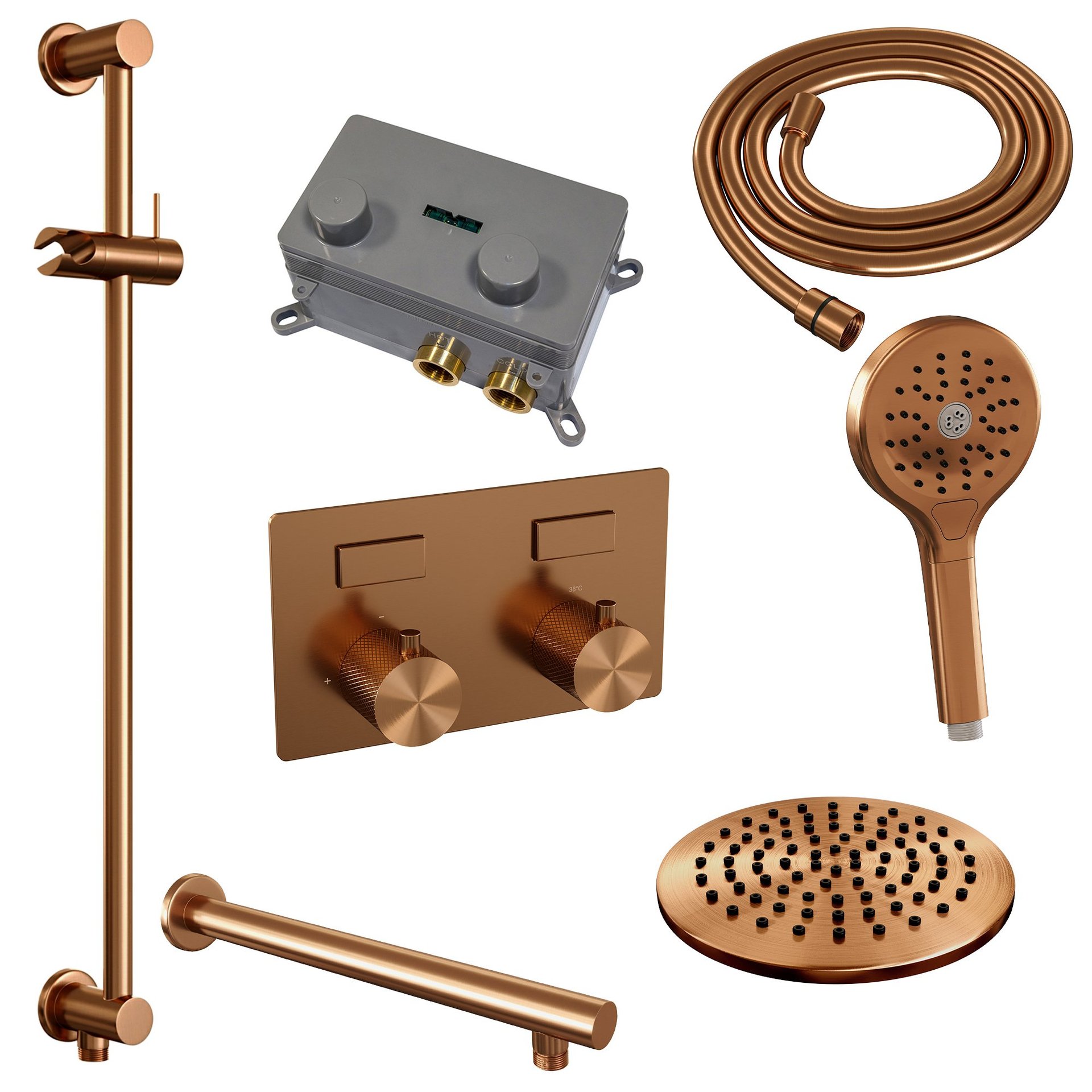 BRAUER Copper Carving thermostatische inbouw regendouche met drukknoppen SET 67 met 20 cm douchekop en rechte muurarm en 3-standen handdouche en doucheslang en geïntegreerde glijstang koper geborsteld PVD