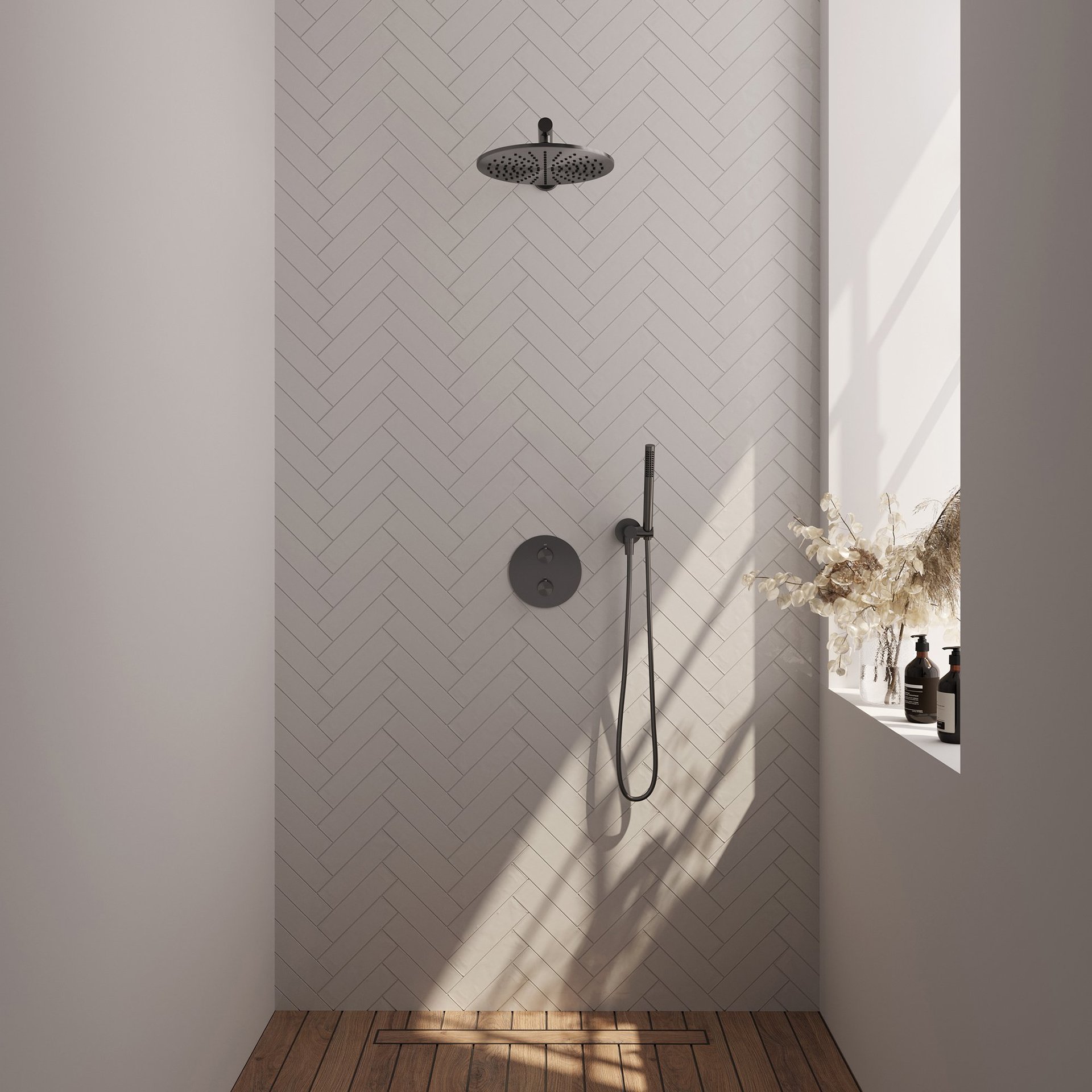 BRAUER Gunmetal Carving thermostatische inbouw regendouche 3-weg rond SET 74 met 30 cm douchekop en rechte muurarm en staaf handdouche en doucheslang en wandaansluitbocht gunmetal geborsteld PVD