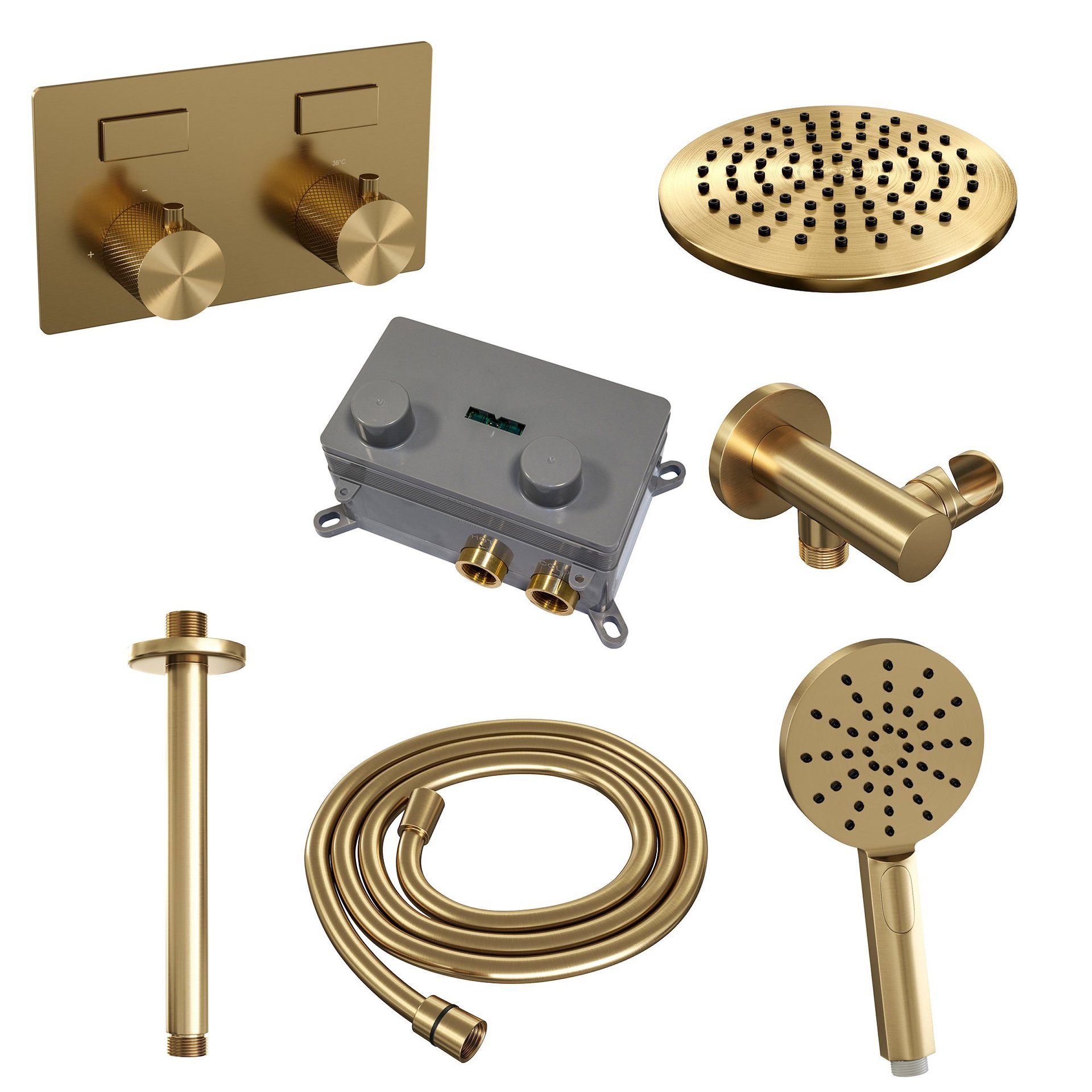 BRAUER Gold Carving thermostatische inbouw regendouche met drukknoppen SET 59 met 20 cm douchekop en plafondarm en 3-standen handdouche en doucheslang en wandaansluitbocht goud geborsteld PVD