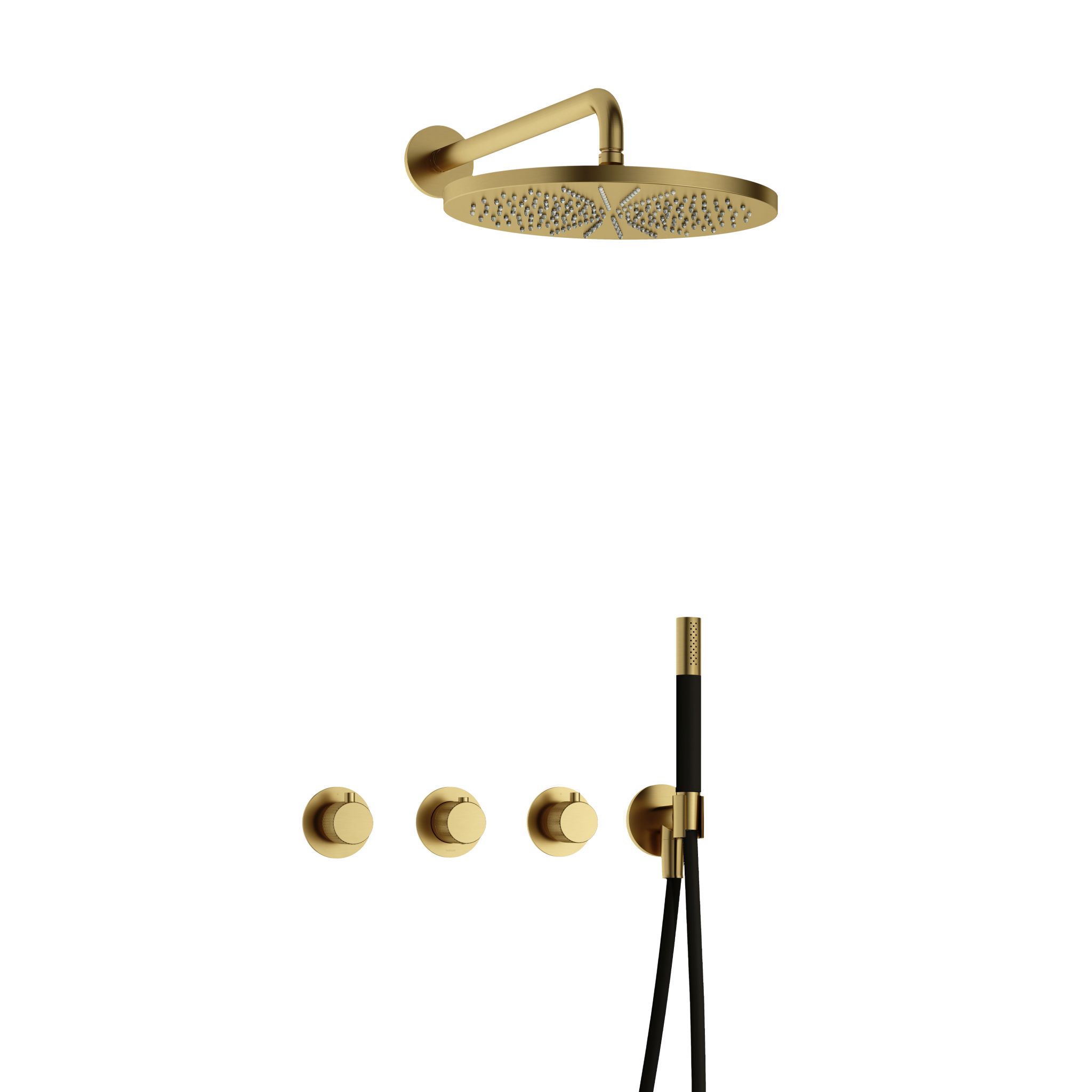 Hotbath Cobber X Inbouw Regendoucheset Met 2 Stopkranen, Wandarm, Hoofddouche 30cm En Staafhanddouche Geborsteld Messing PVD