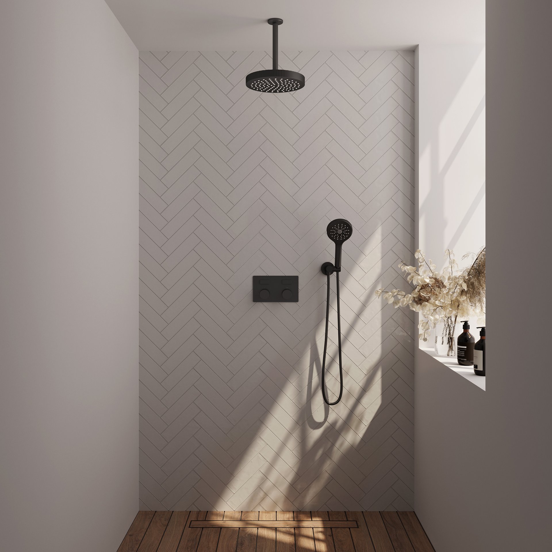 BRAUER Stripe thermostatische inbouw regendouche met drukknoppen SET 30 met 25 cm douchekop en plafondarm en 3-standen handdouche en doucheslang en wandaansluitbocht mat zwart