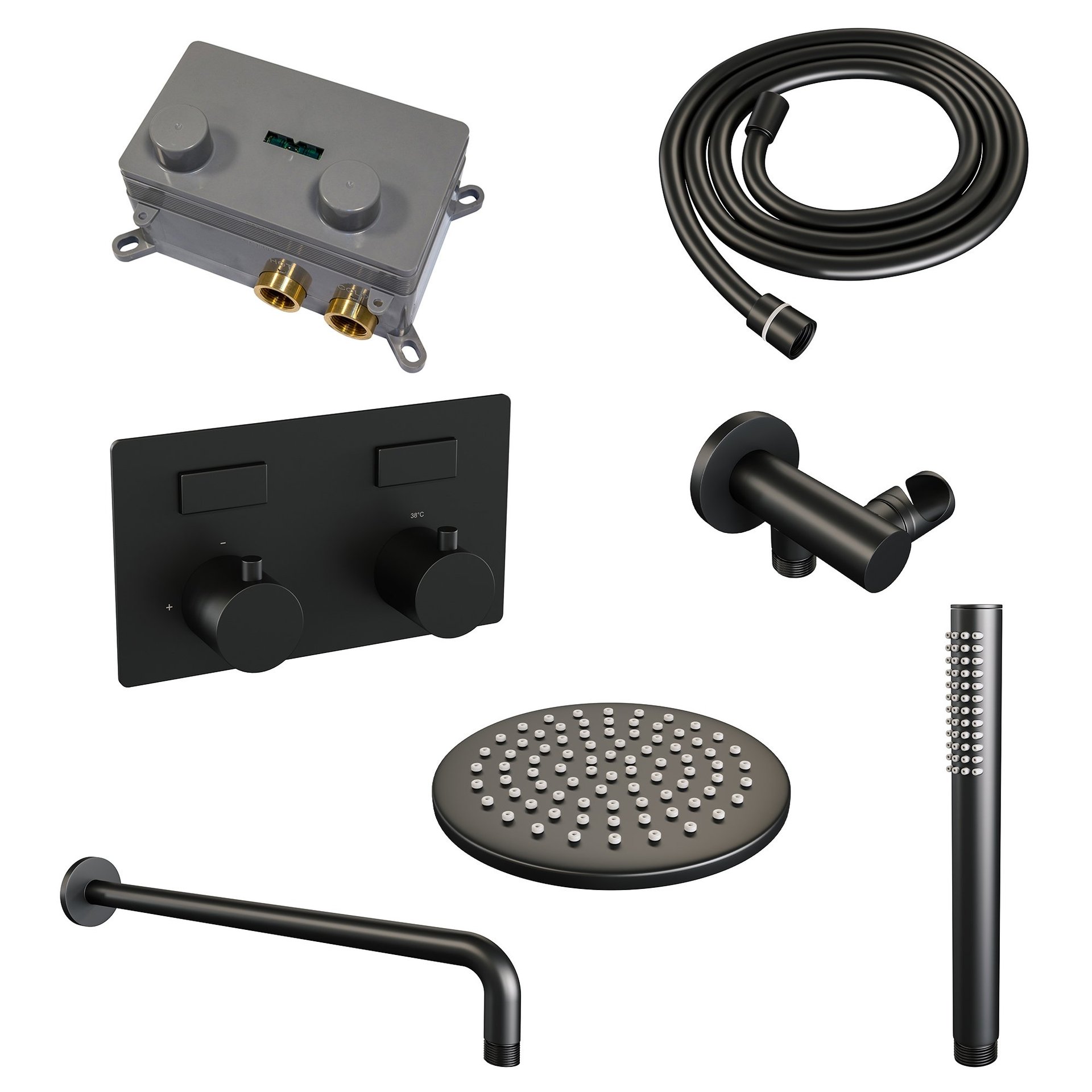 BRAUER Black Edition thermostatische inbouw regendouche met drukknoppen SET 51 met 20 cm douchekop en gebogen muurarm en staaf handdouche en doucheslang en wandaansluitbocht mat zwart