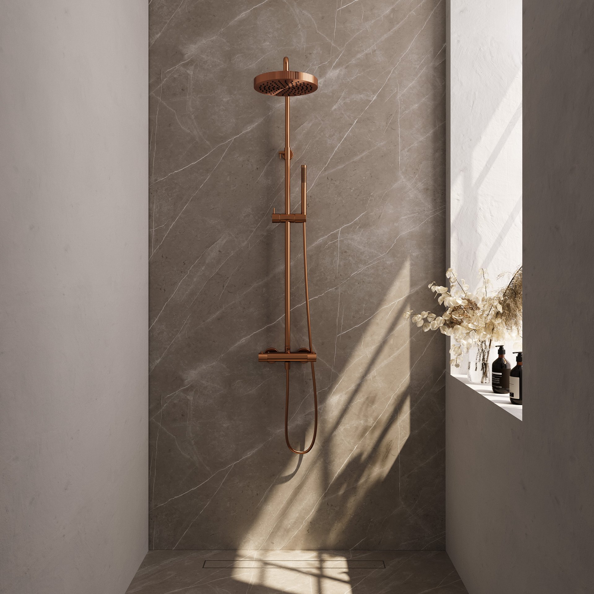 BRAUER Stripe opbouw thermostatische regendouche SET 01 met 25 cm hoofddouche en staaf handdouche en doucheslang koper geborsteld PVD