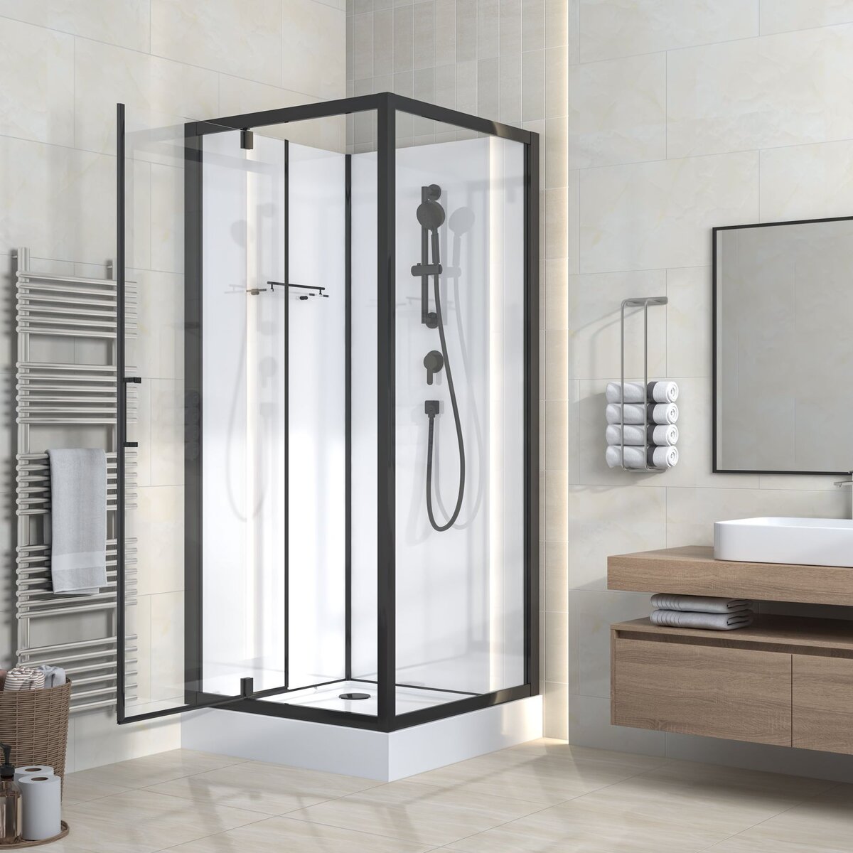 Rimo Complete Douchecabine Met Draaideur - 90x90x215cm - Omkeerbaar - Mat Zwart - Helder Glas