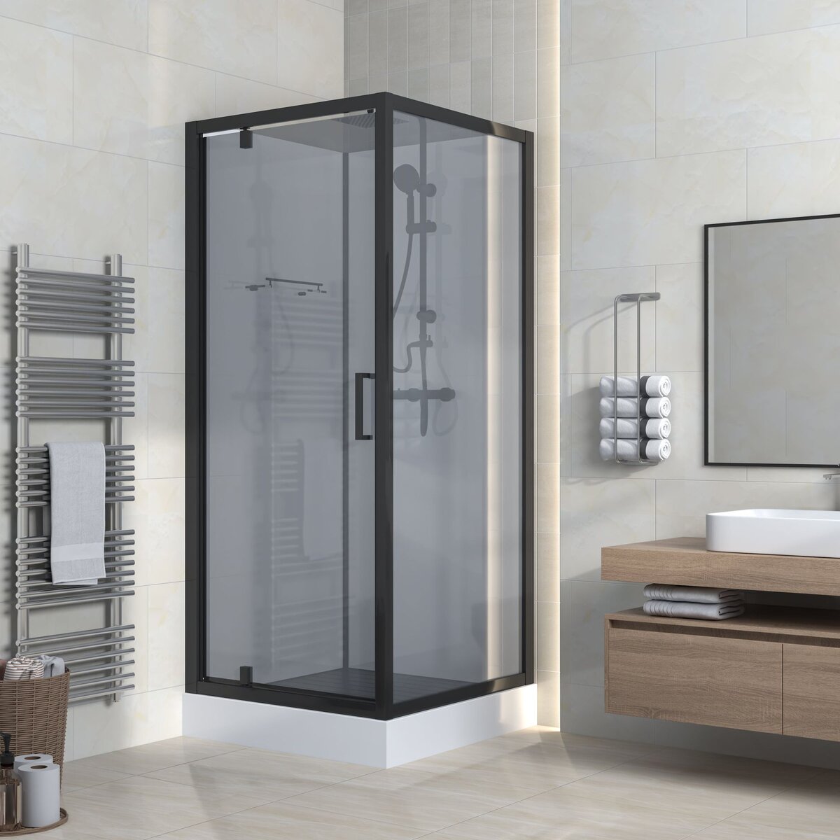 Marani Complete Douchecabine Met Draaideur - 90x90x225cm - Omkeerbaar - Mat Zwart - Grijs Rookglas - 540031955504