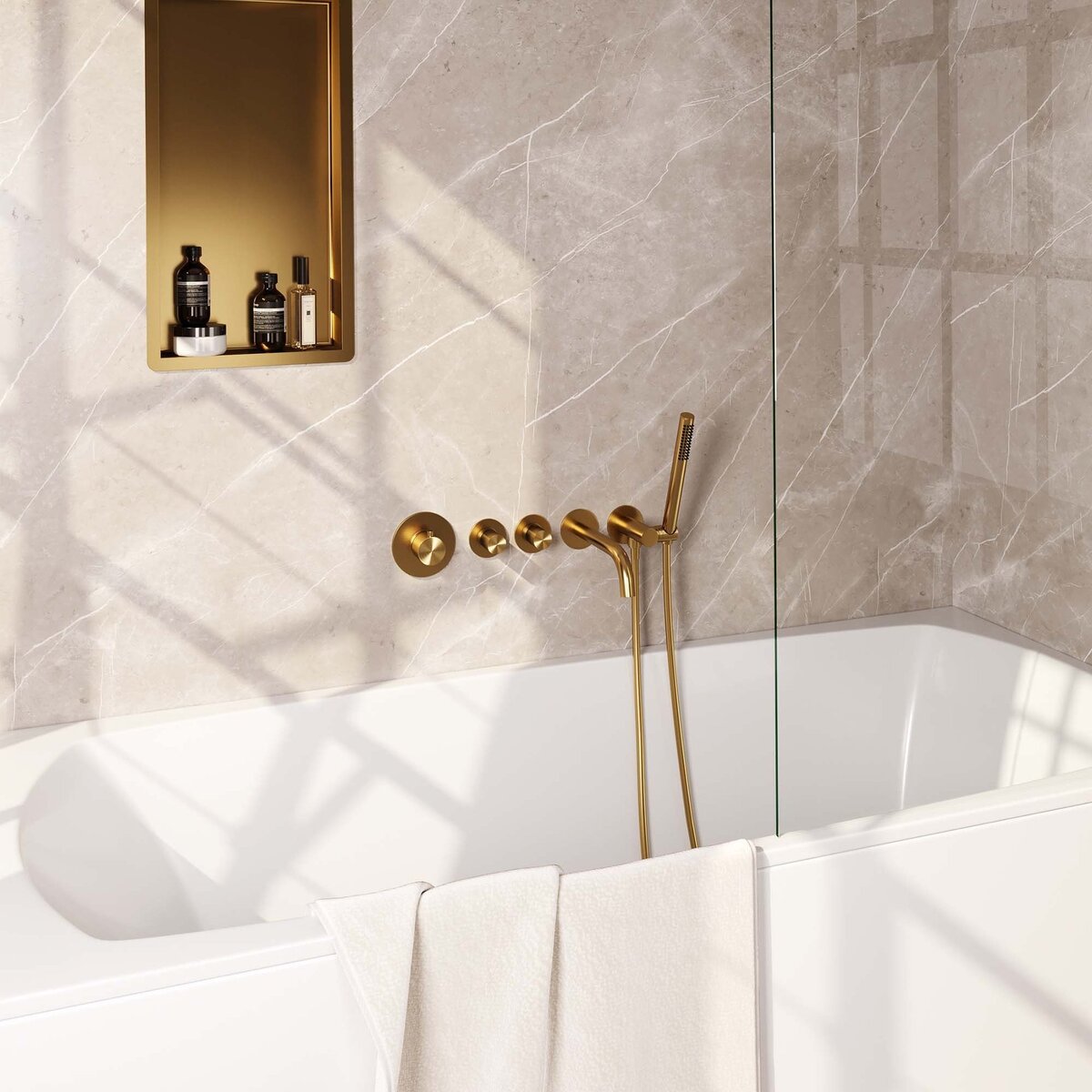 BRAUER Gold Carving thermostatische inbouw badkraan SET 01 met uitloop en staaf handdouche en doucheslang en wandaansluitbocht goud geborsteld PVD