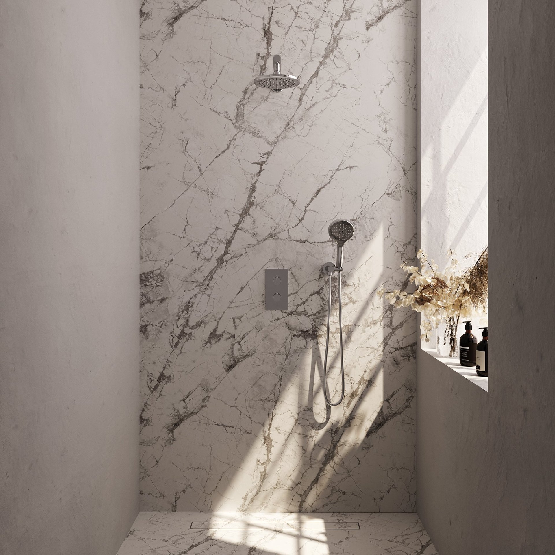 BRAUER Chrome Edition thermostatische inbouw regendouche 3-weg rechthoekig SET 31 met 20 cm douchekop en rechte muurarm en 3-standen handdouche en doucheslang en wandaansluitbocht chroom