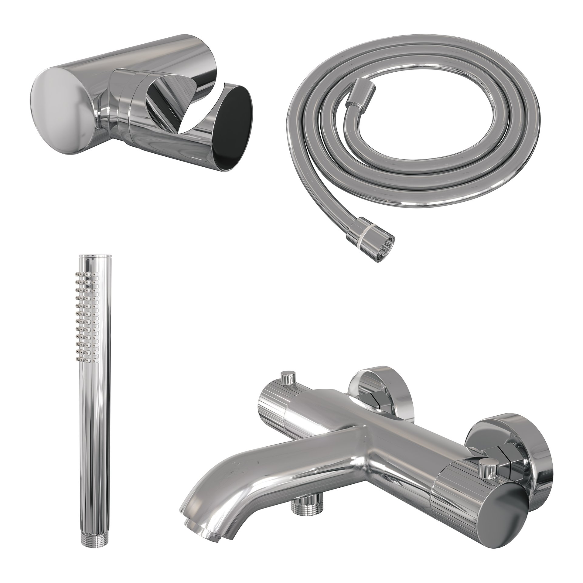 BRAUER Stripe opbouw baddouche thermostaatkraan SET 03 met wandhouder en staaf handdouche en doucheslang chroom