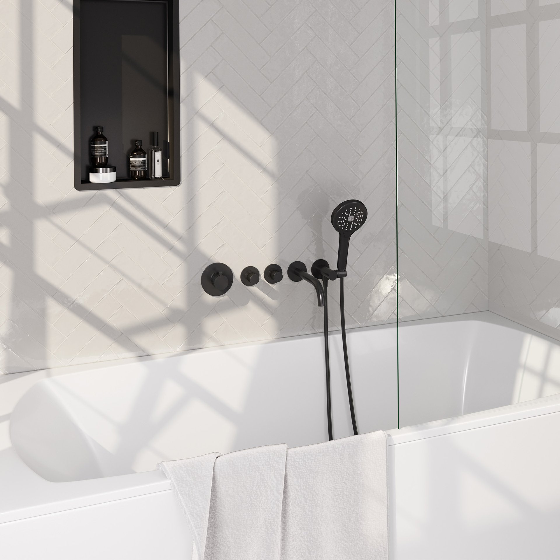 BRAUER Stripe thermostatische inbouw badkraan SET 02 met uitloop en 3-standen handdouche en doucheslang en wandaansluitbocht mat zwart