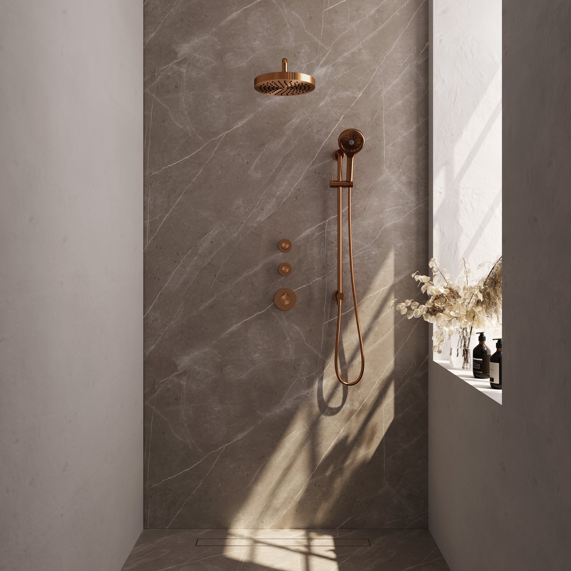 BRAUER Stripe thermostatische inbouw regendouche SET 11 met 25 cm douchekop en gebogen muurarm en 3-standen handdouche en doucheslang en geïntegreerde glijstang koper geborsteld PVD