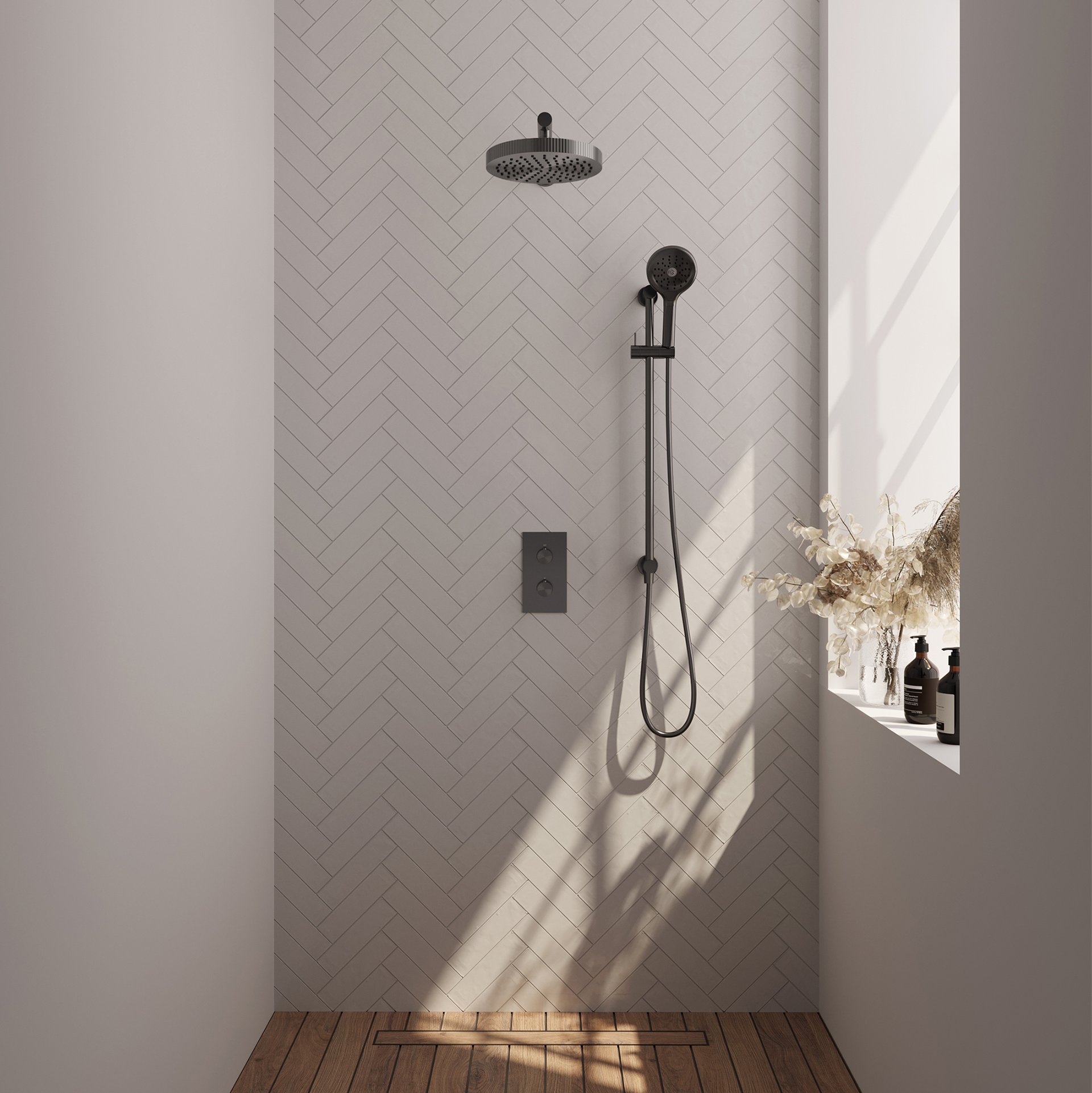 BRAUER Stripe thermostatische inbouw regendouche 3-weg rechthoekig SET 22 met 25 cm douchekop en rechte muurarm en 3-standen handdouche en doucheslang en geïntegreerde glijstang gunmetal geborsteld PVD