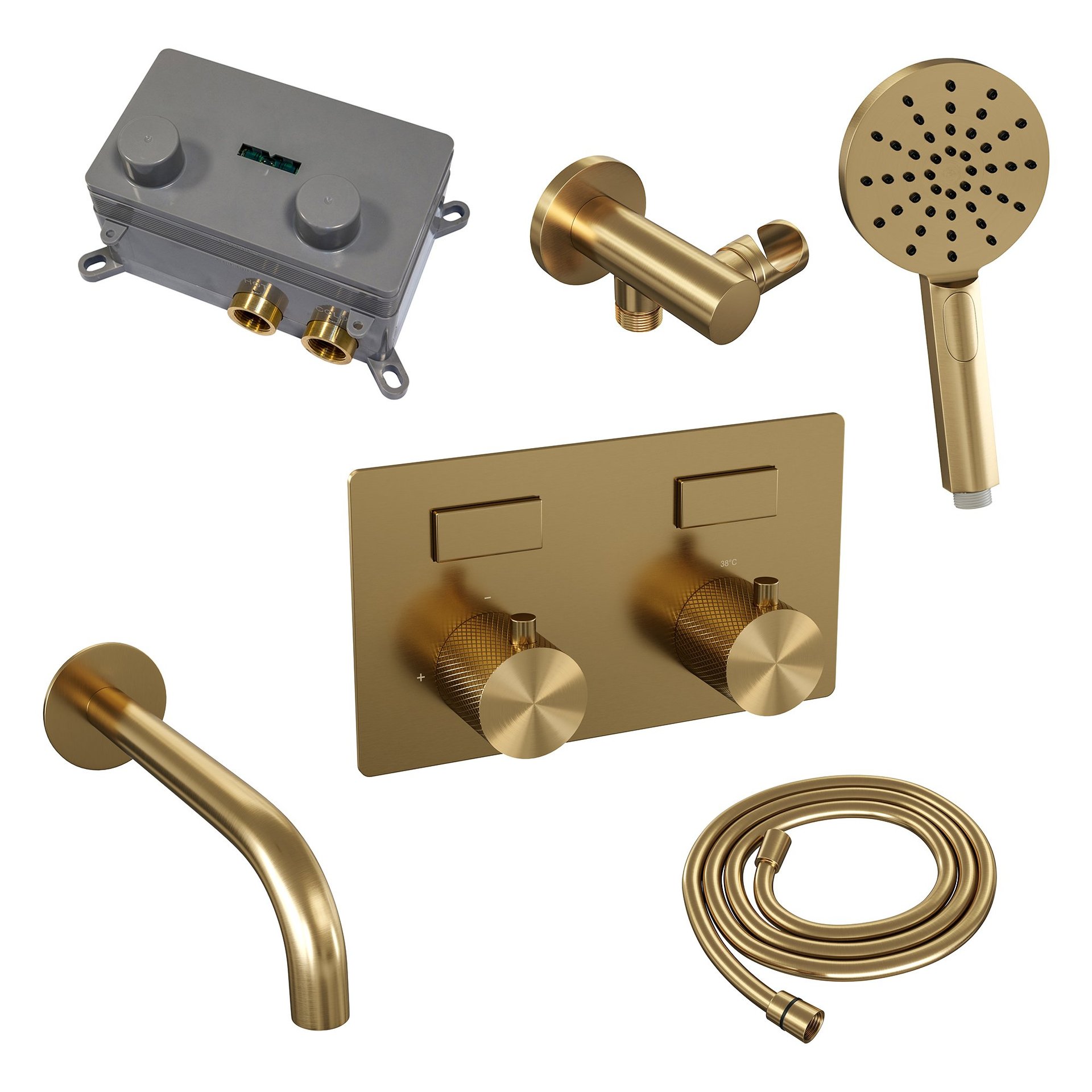 BRAUER Gold Carving thermostatische inbouw badkraan met drukknoppen SET 04 met uitloop en 3-standen handdouche en doucheslang en wandaansluitbocht goud geborsteld PVD