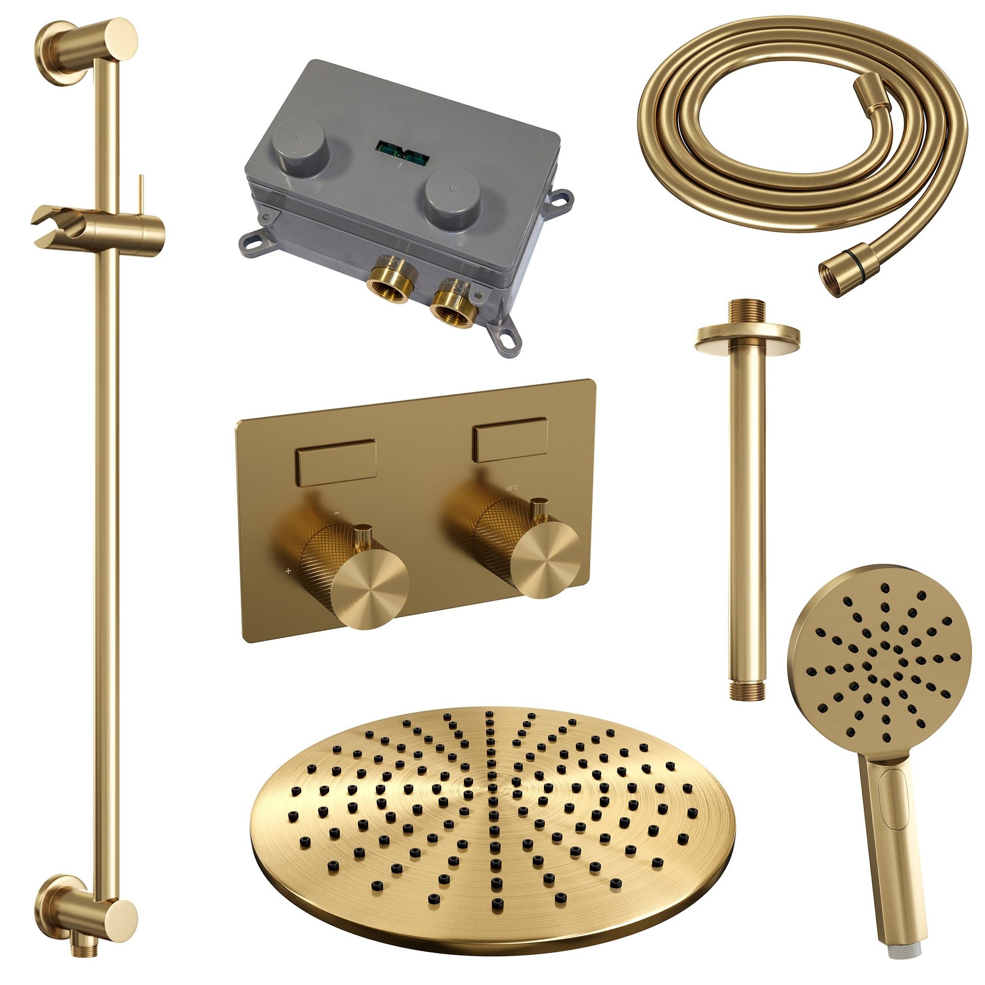 BRAUER Gold Carving thermostatische inbouw regendouche met drukknoppen SET 72 met 30 cm douchekop en plafondarm en 3-standen handdouche en doucheslang en geïntegreerde glijstang goud geborsteld PVD