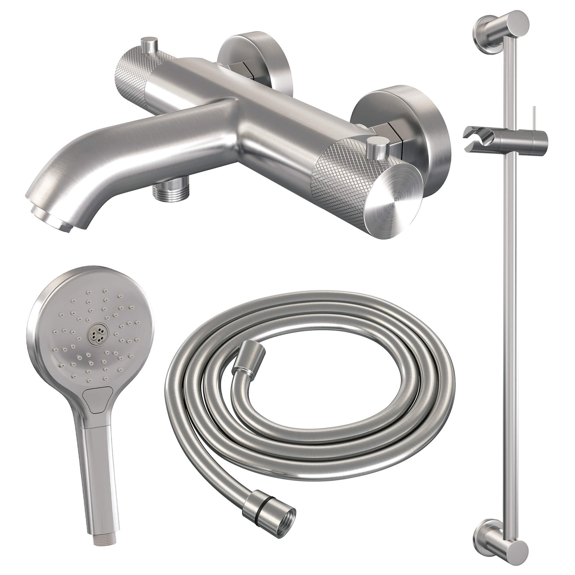 BRAUER Brushed Carving opbouw baddouche thermostaatkraan SET 02 met glijstang en 3-standen handdouche en doucheslang RVS geborsteld PVD