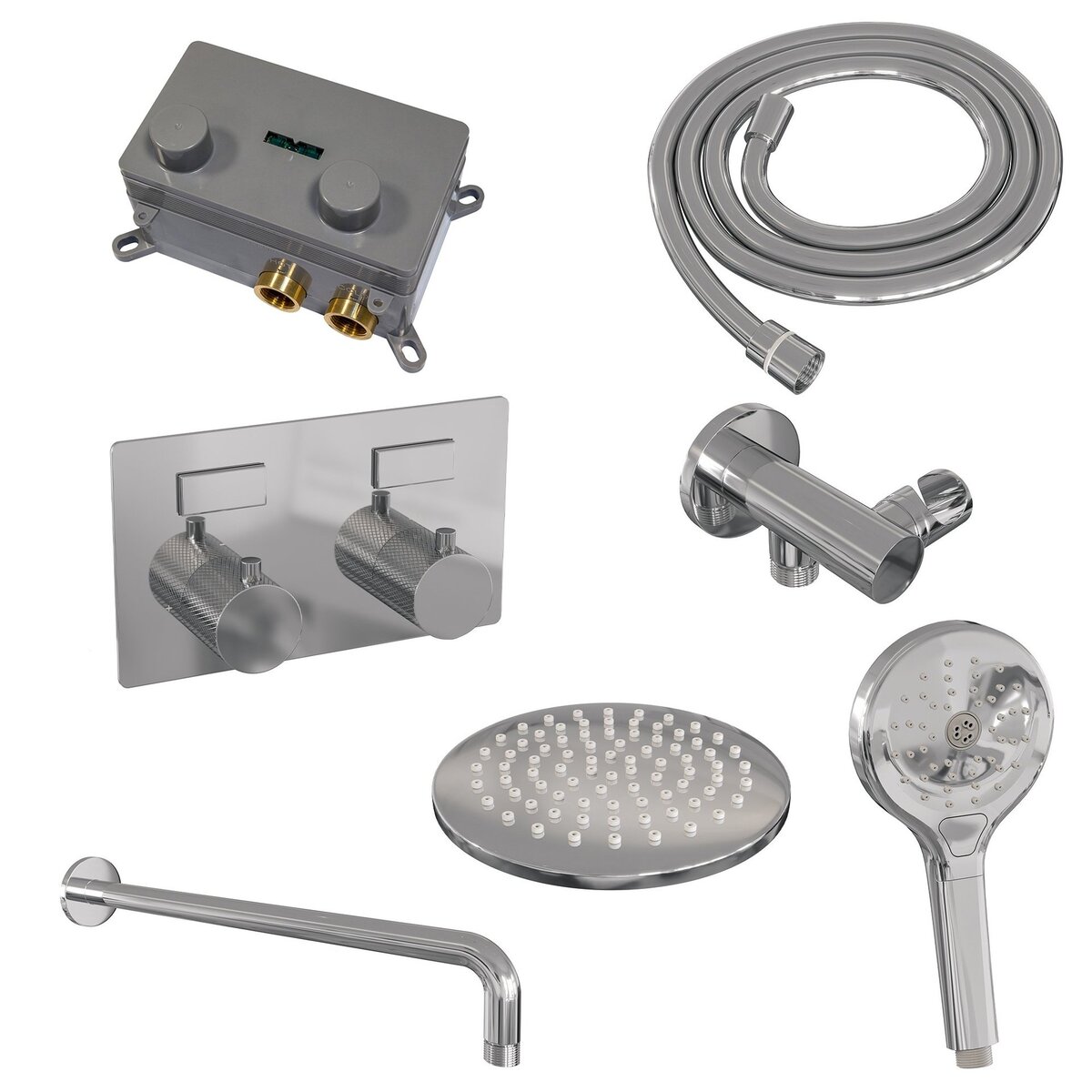 BRAUER Chrome Carving thermostatische inbouw regendouche met drukknoppen SET 57 met 20 cm douchekop en gebogen muurarm en 3-standen handdouche en doucheslang en wandaansluitbocht chroom