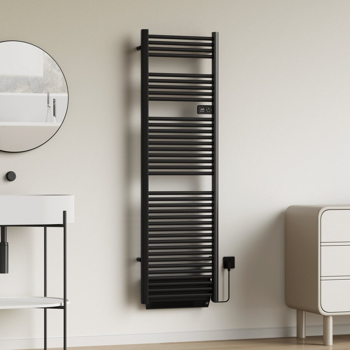 Belrad Radiator Handdoekdroger Met Blower - Elektrisch - Met Digitale Programmeerbare Thermostaat - 2000W - 184x54x13,3 Cm - Mat Zwart