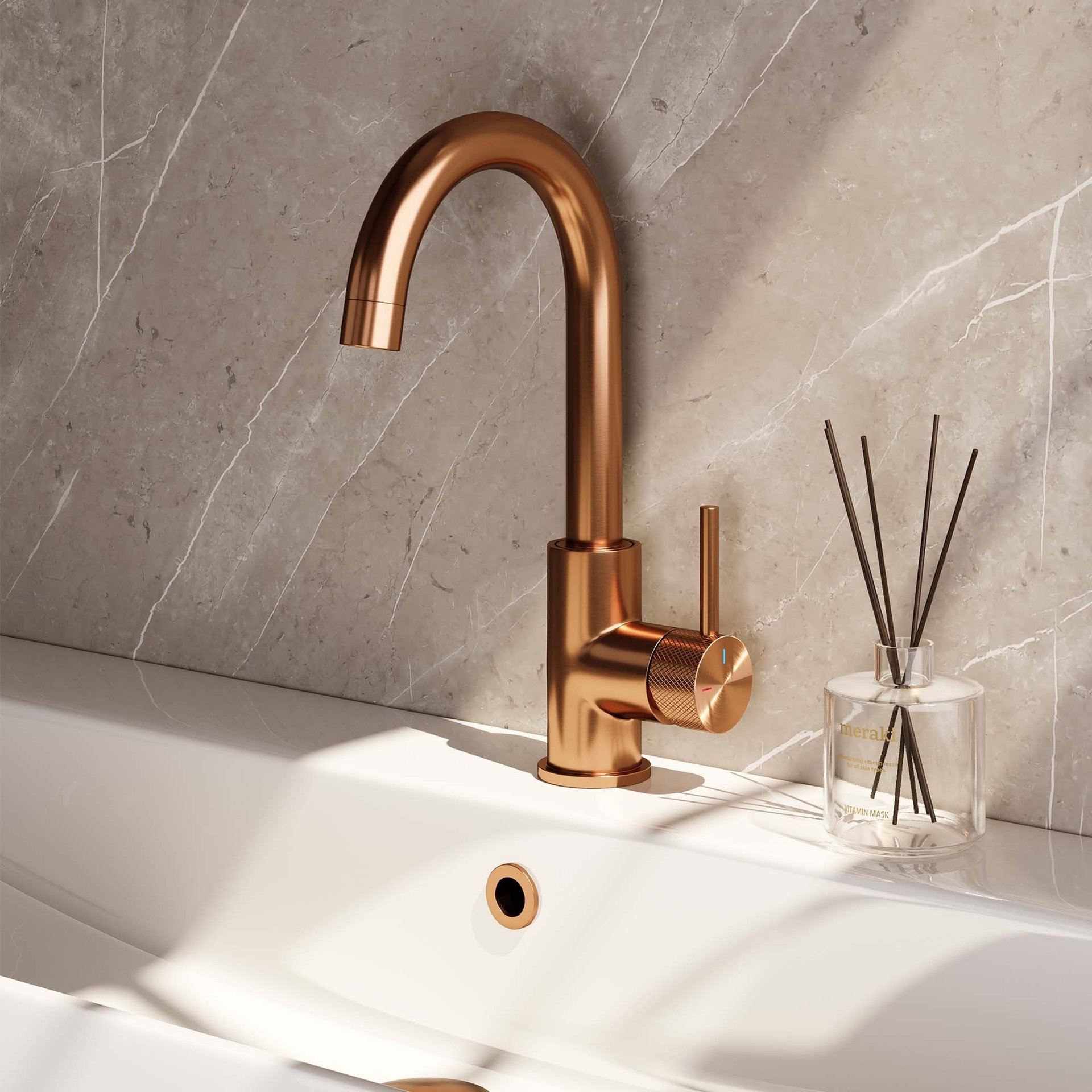 BRAUER Copper Carving hoge opbouw wastafelmengkraan met draaibare ronde uitloop model A koper geborsteld PVD