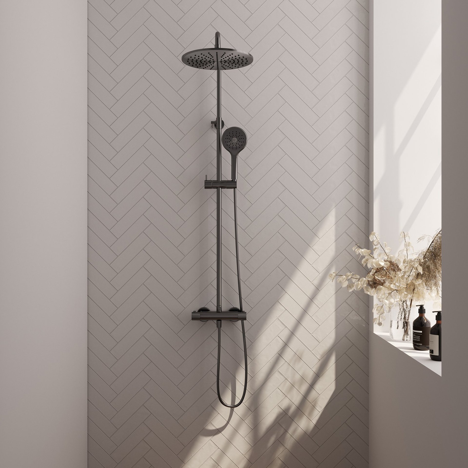 BRAUER Gunmetal Carving opbouw thermostatische regendouche SET 04 met 30 cm hoofddouche en 3-standen handdouche en doucheslang gunmetal geborsteld PVD